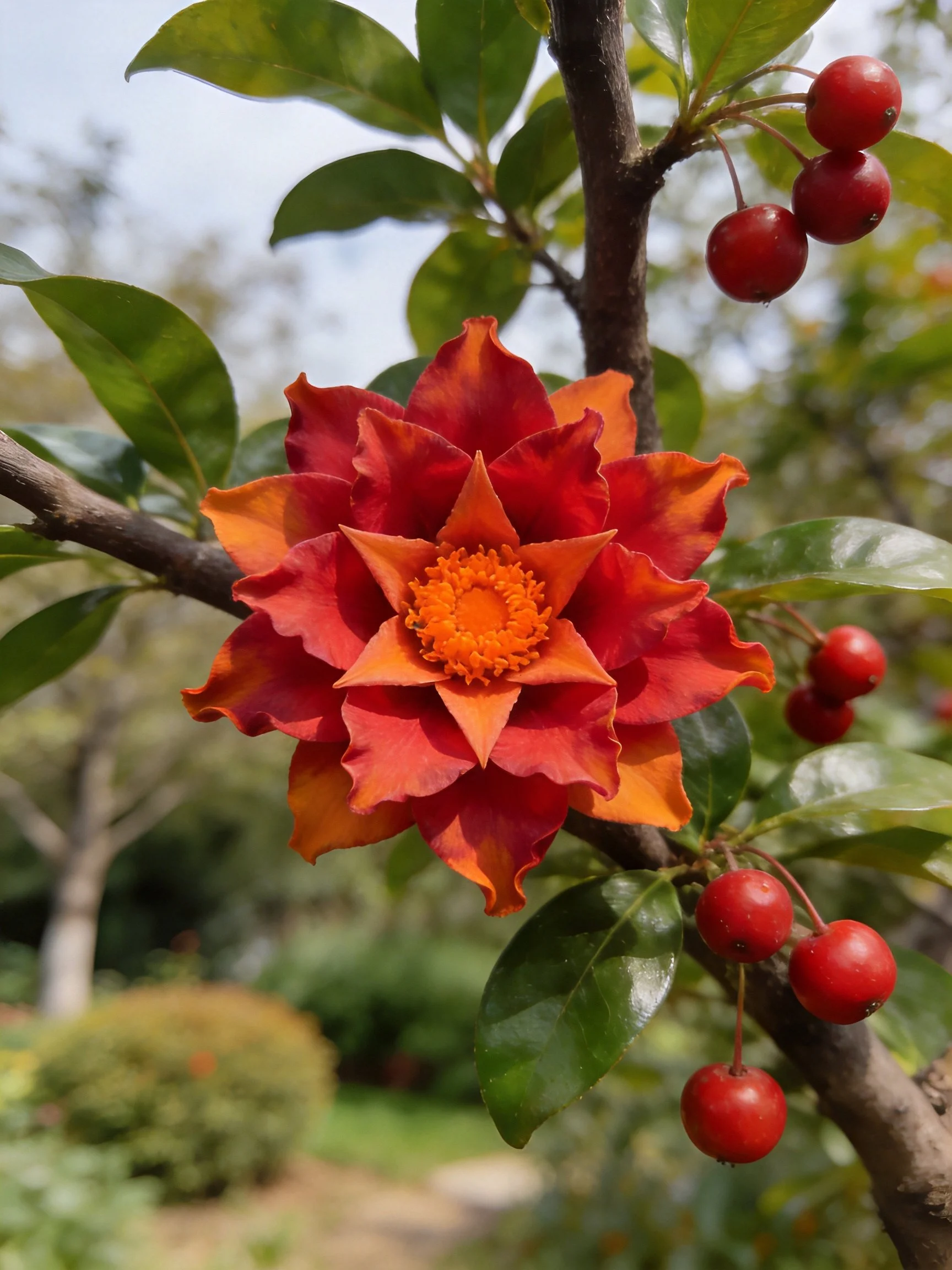 A vibrant orange-red flower with glossy green leaves and red berries