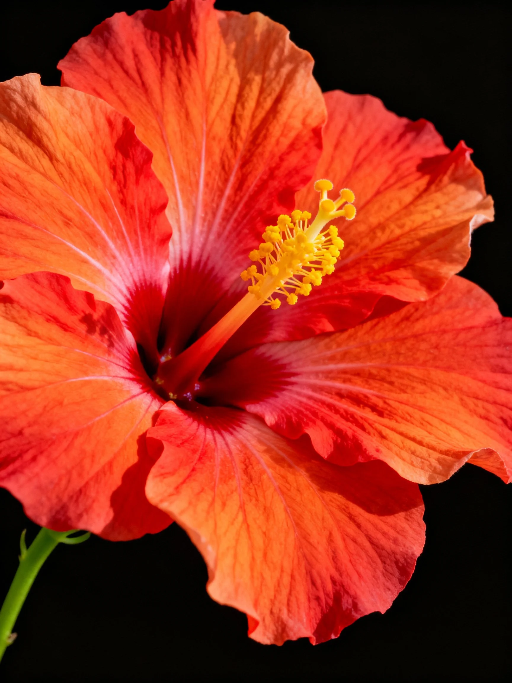 A vibrant orange-red hibiscus flower with yellow stamens