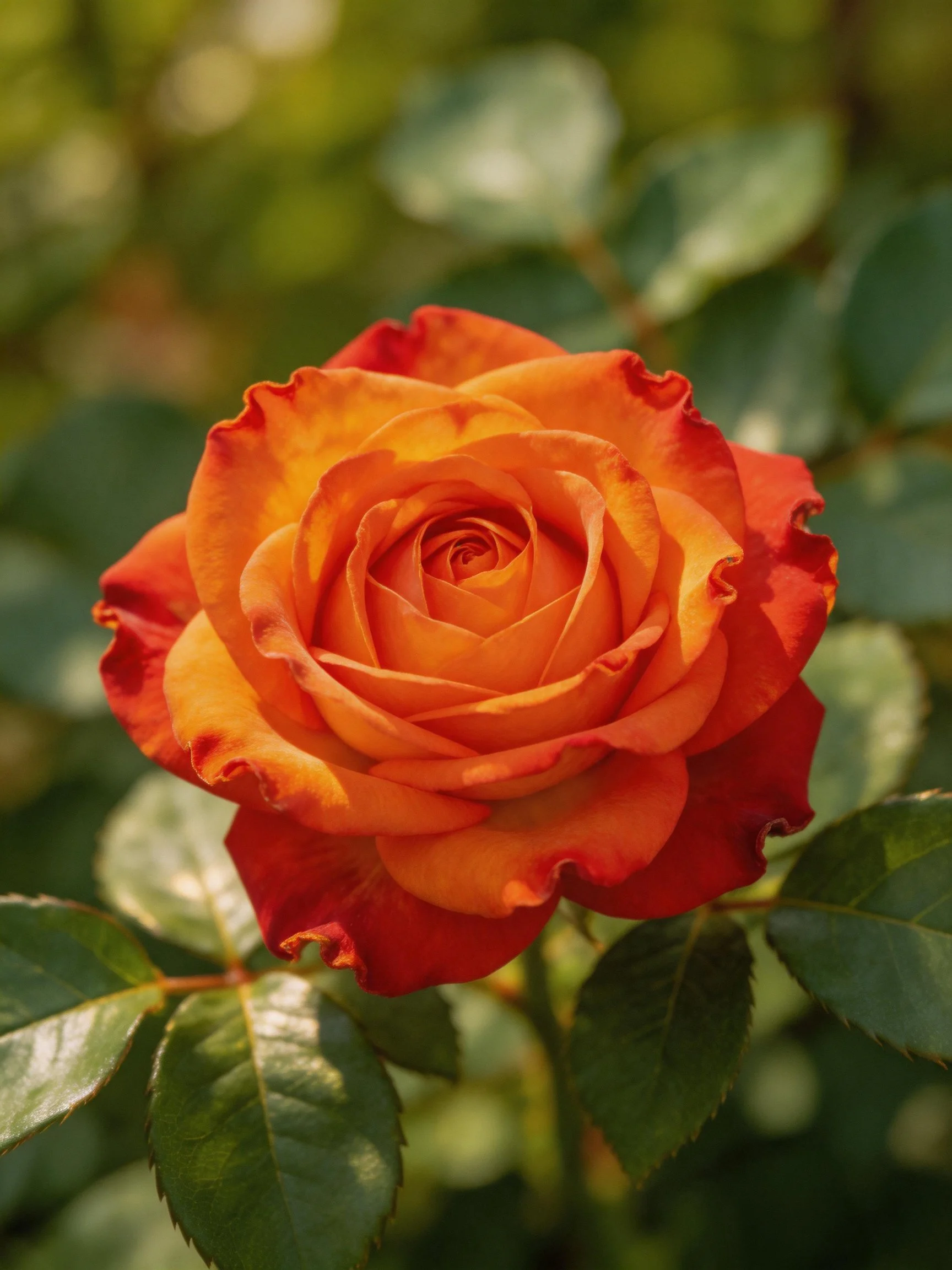 A vibrant orange-red rose blooms among lush green foliage