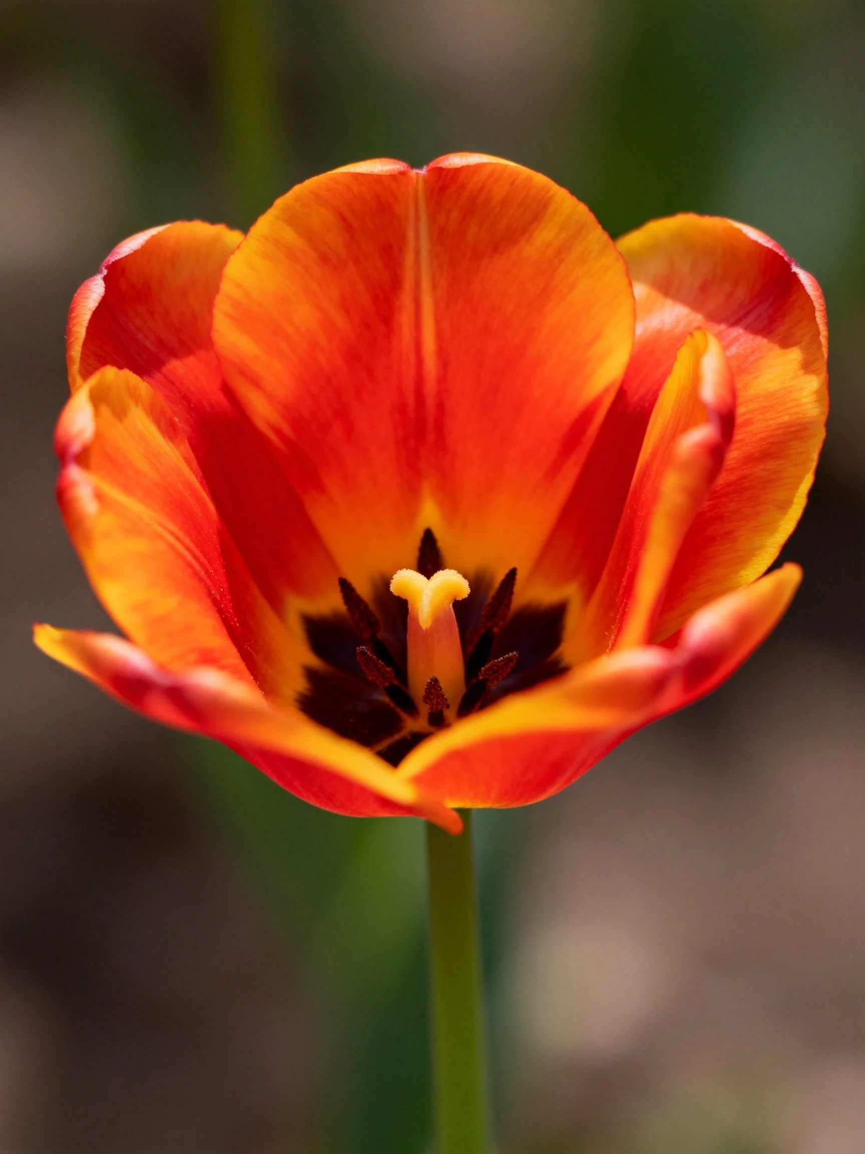 A vibrant orange - red tulip with yellow accents in sharp focus