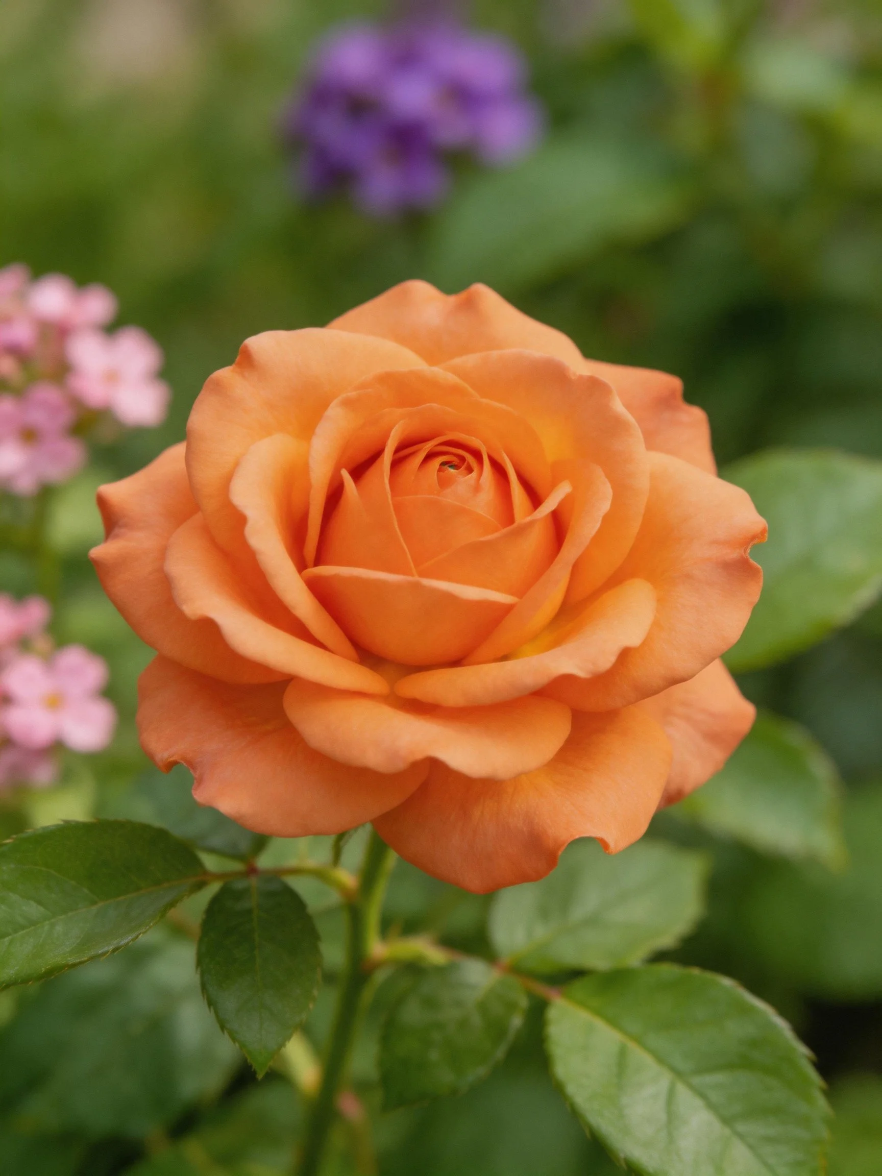 A vibrant orange rose blooms among greenery and small flowers