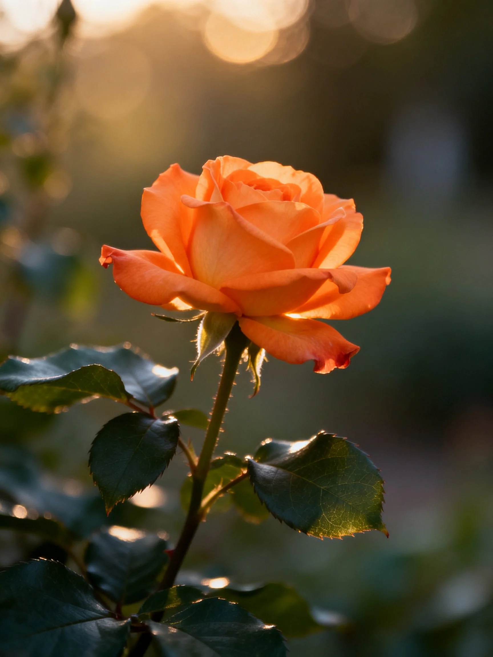 A vibrant orange rose illuminated by warm sunlight with dark green foliage