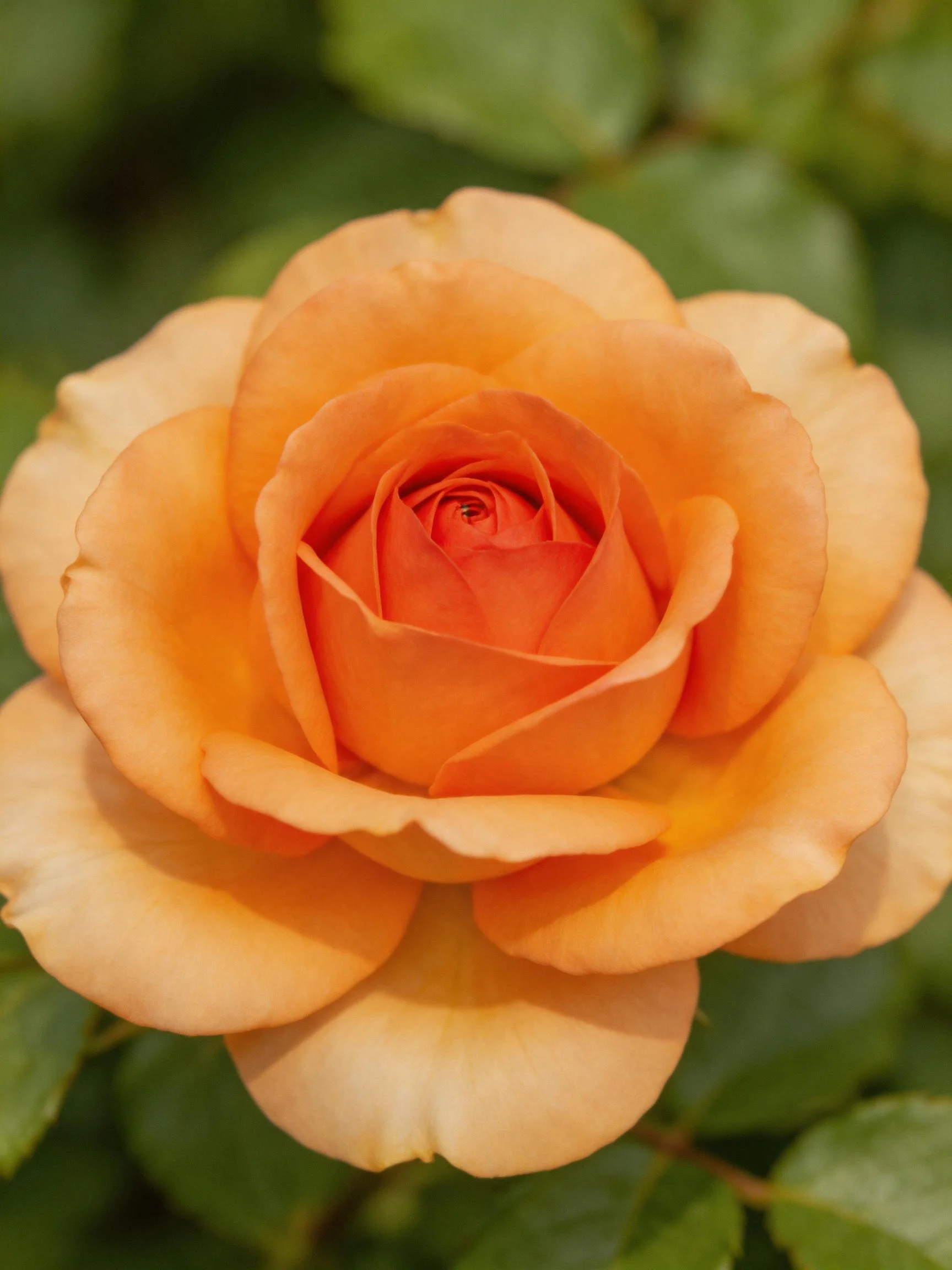 A vibrant orange rose in full bloom against green foliage