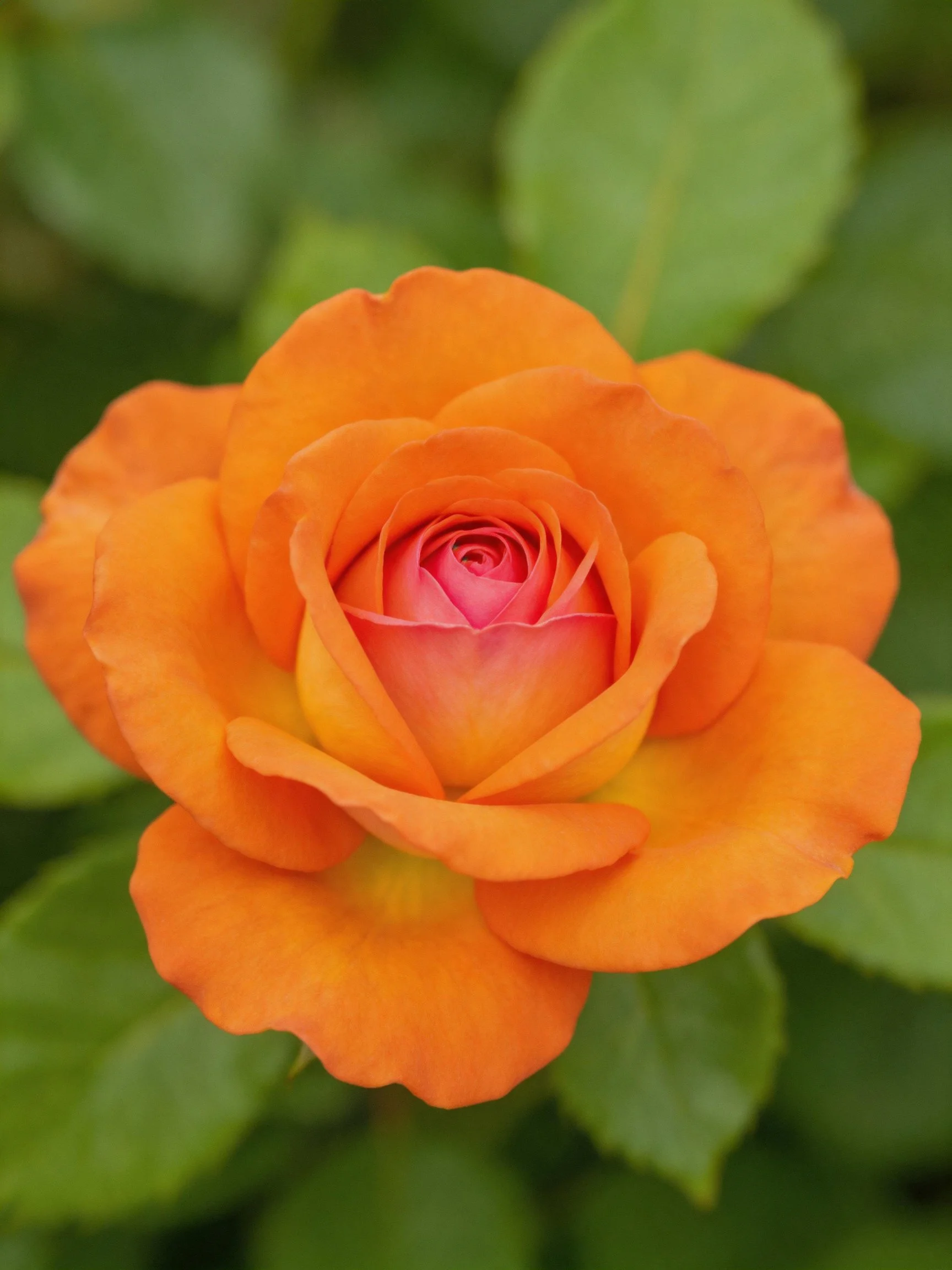 A vibrant orange rose in full bloom surrounded by green foliage