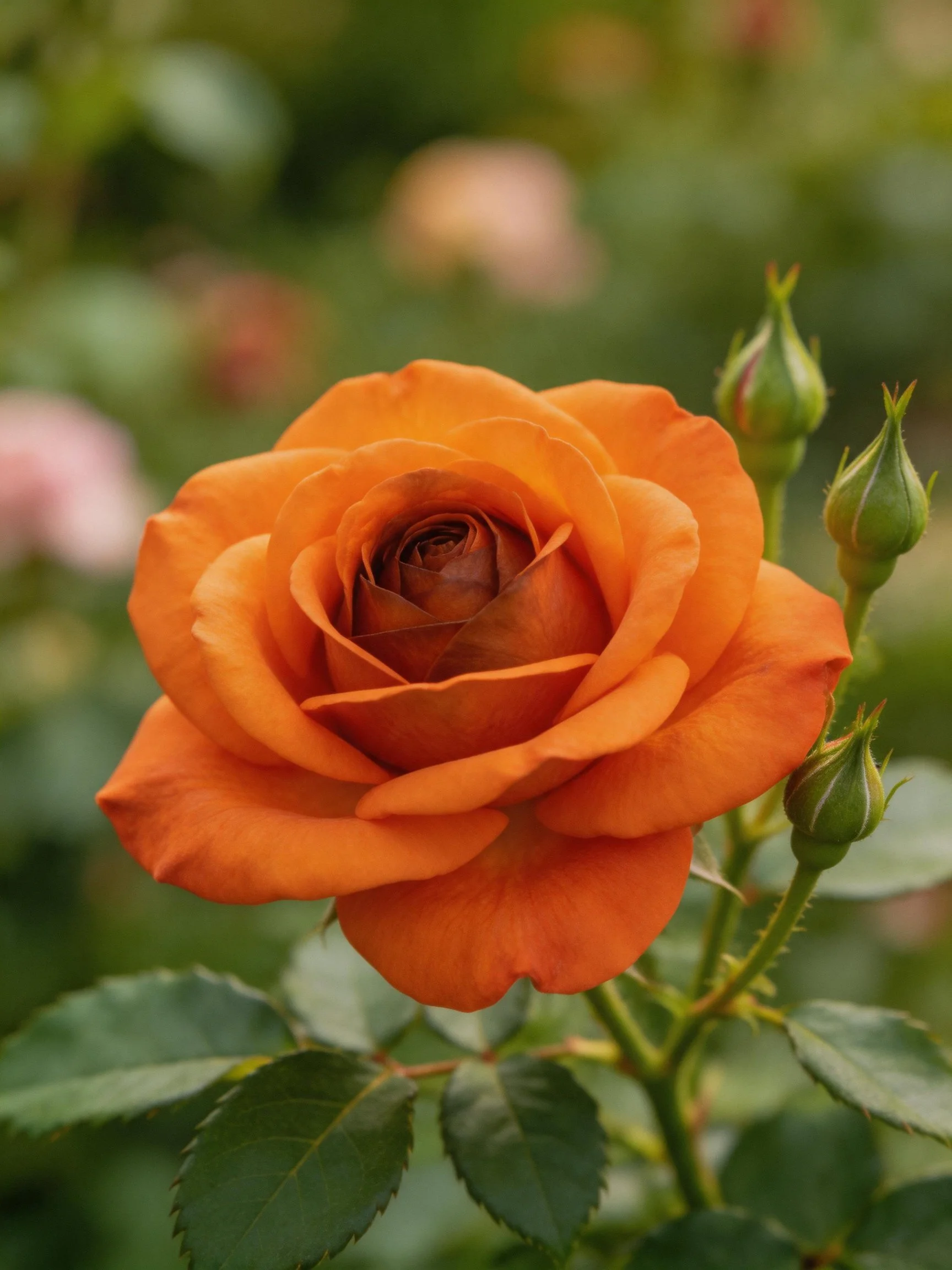A vibrant orange rose in full bloom with green buds and leaves