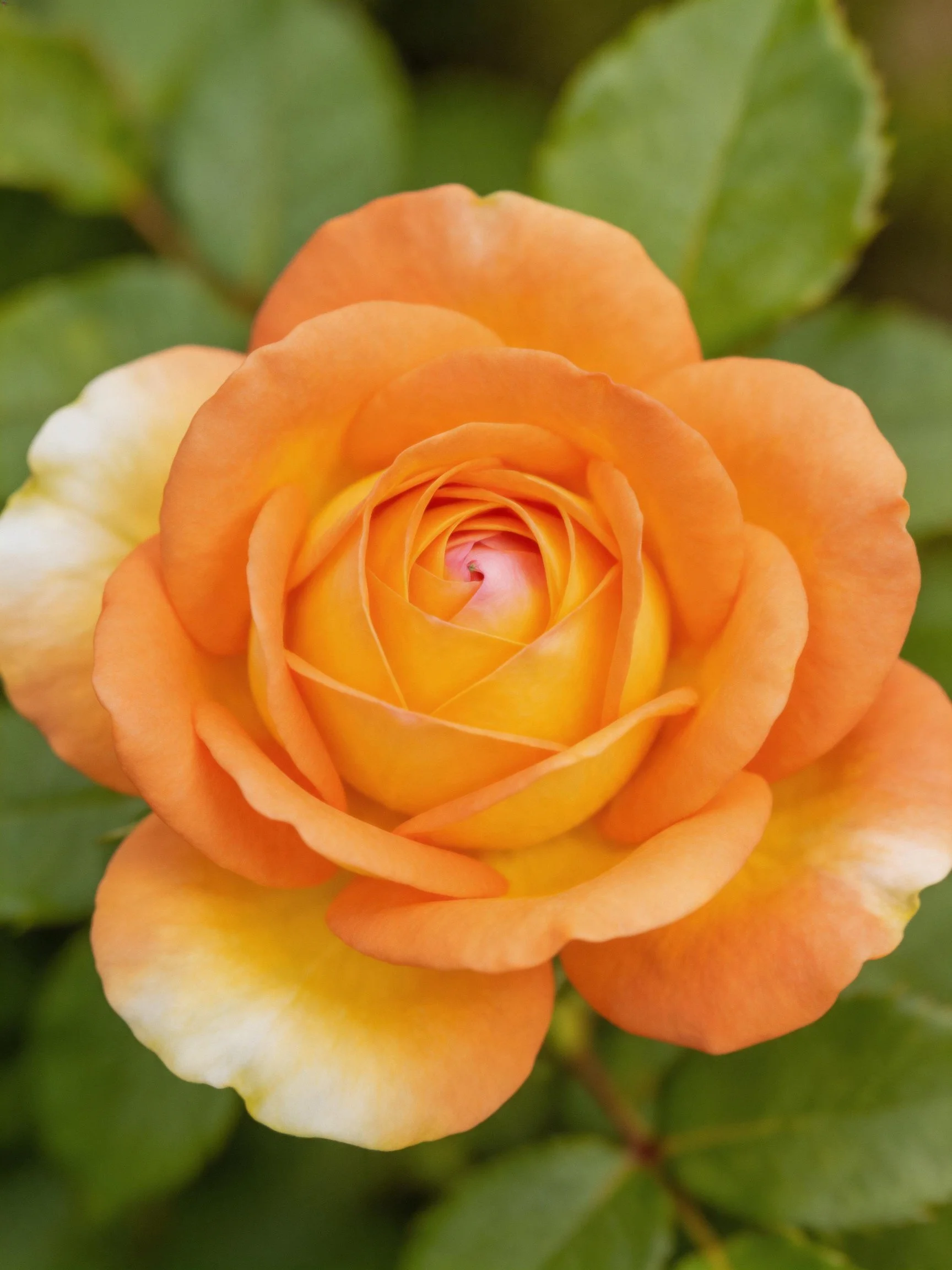 A vibrant orange rose in full bloom with green foliage