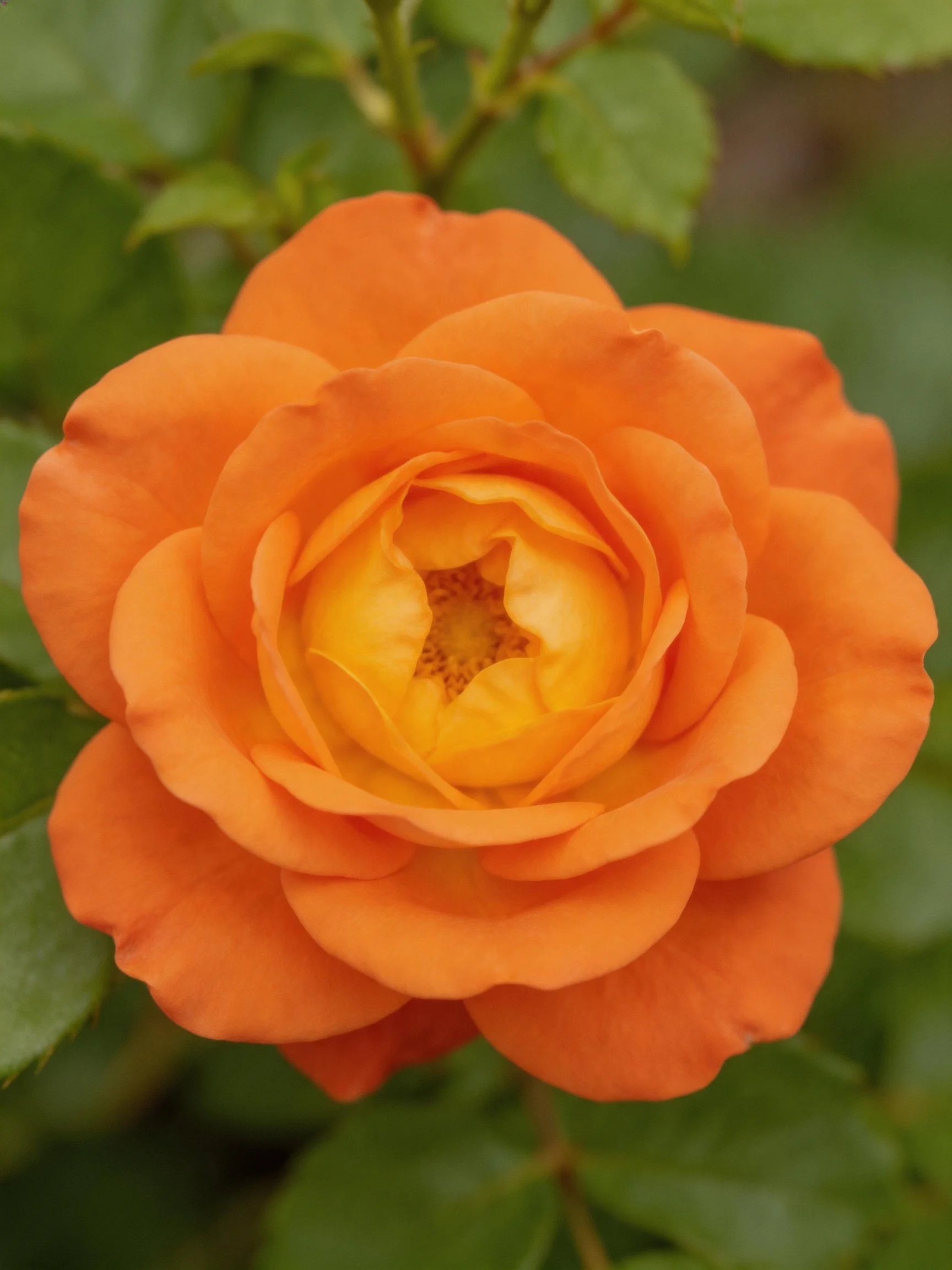 A vibrant orange rose in full bloom with green foliage