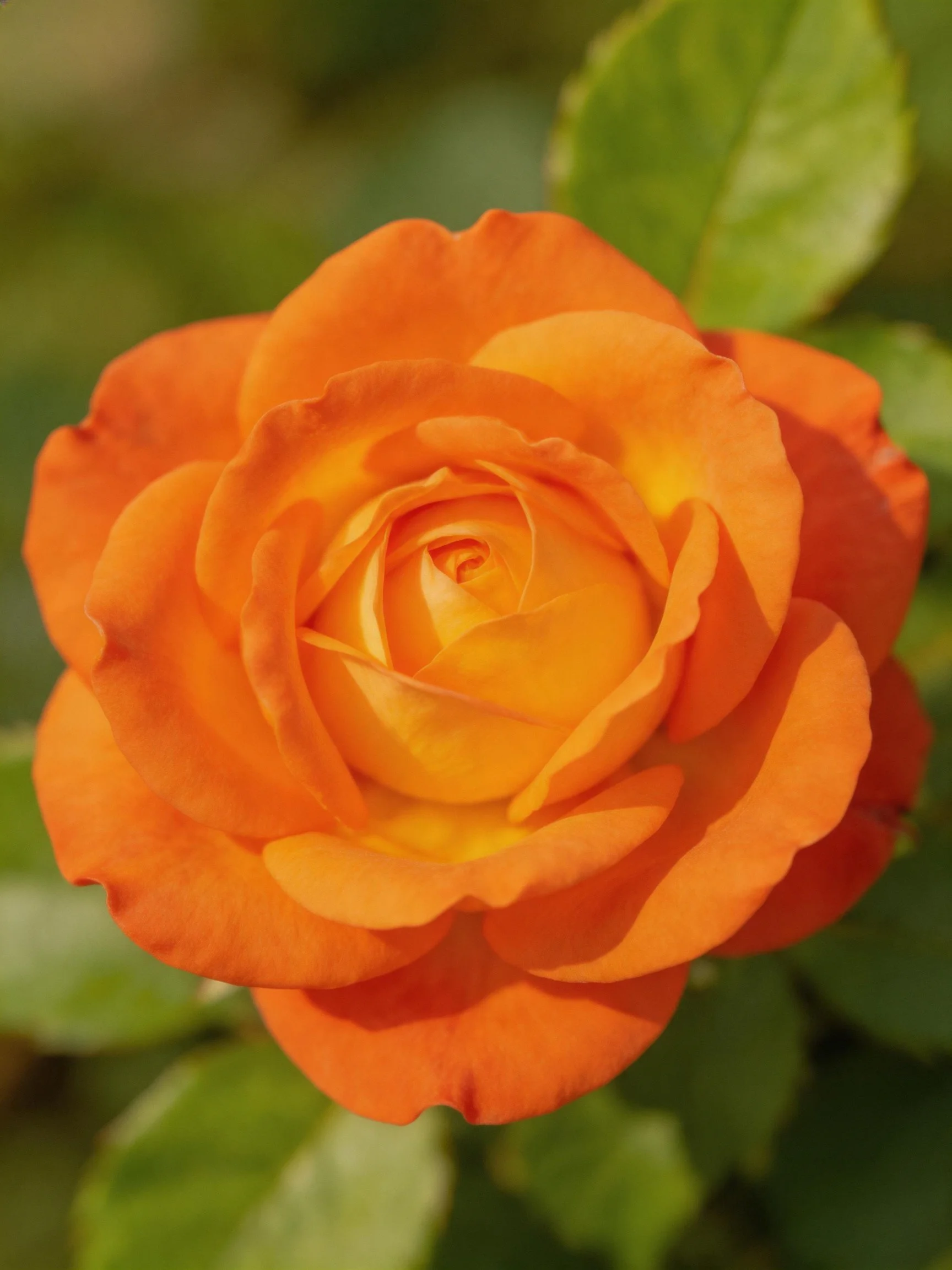 A vibrant orange rose in full bloom with green foliage