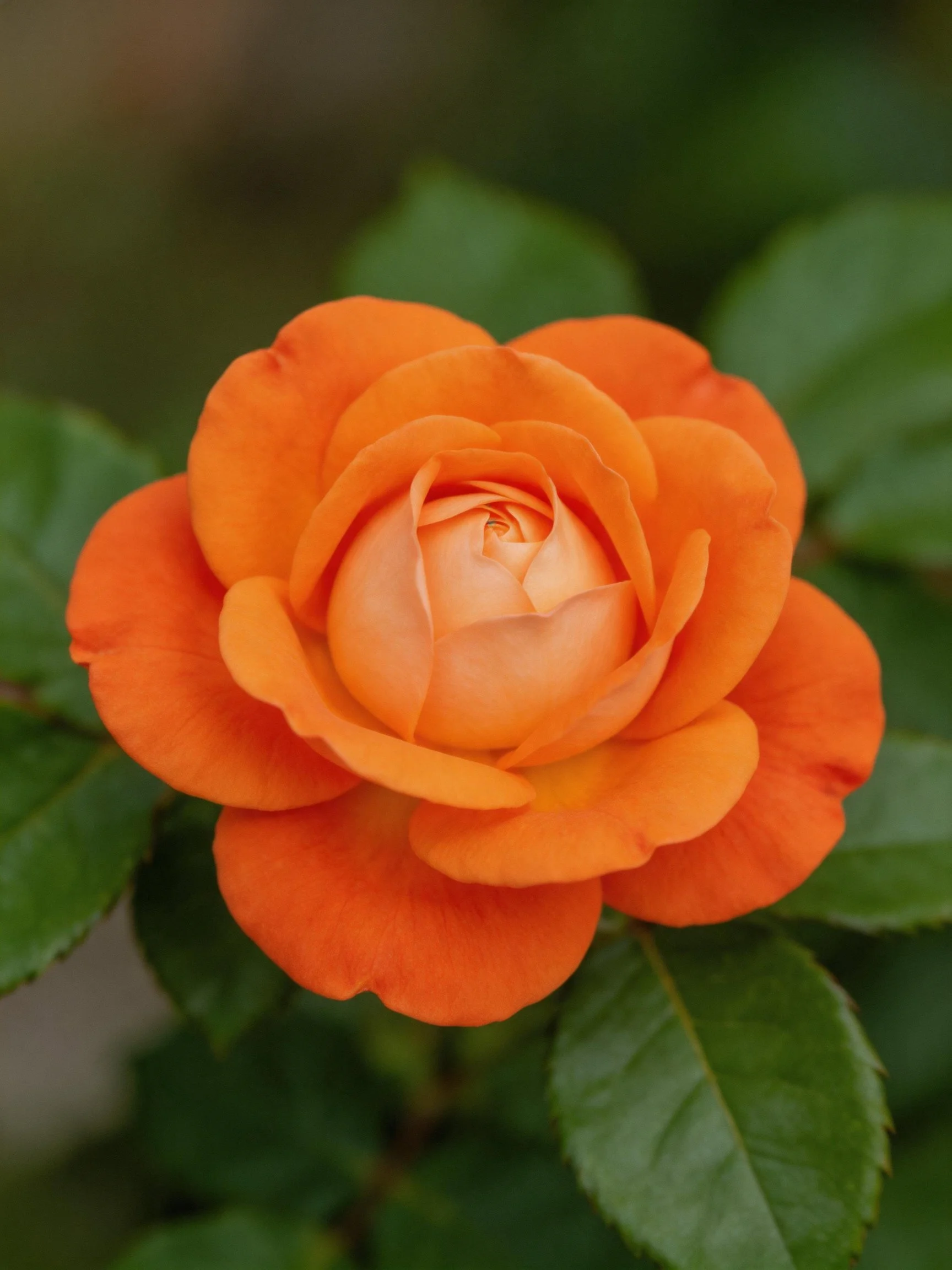 A vibrant orange rose in full bloom with lush green foliage