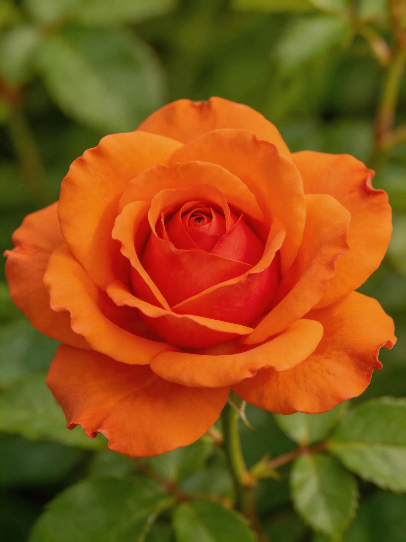 A vibrant orange rose in full bloom with lush green leaves