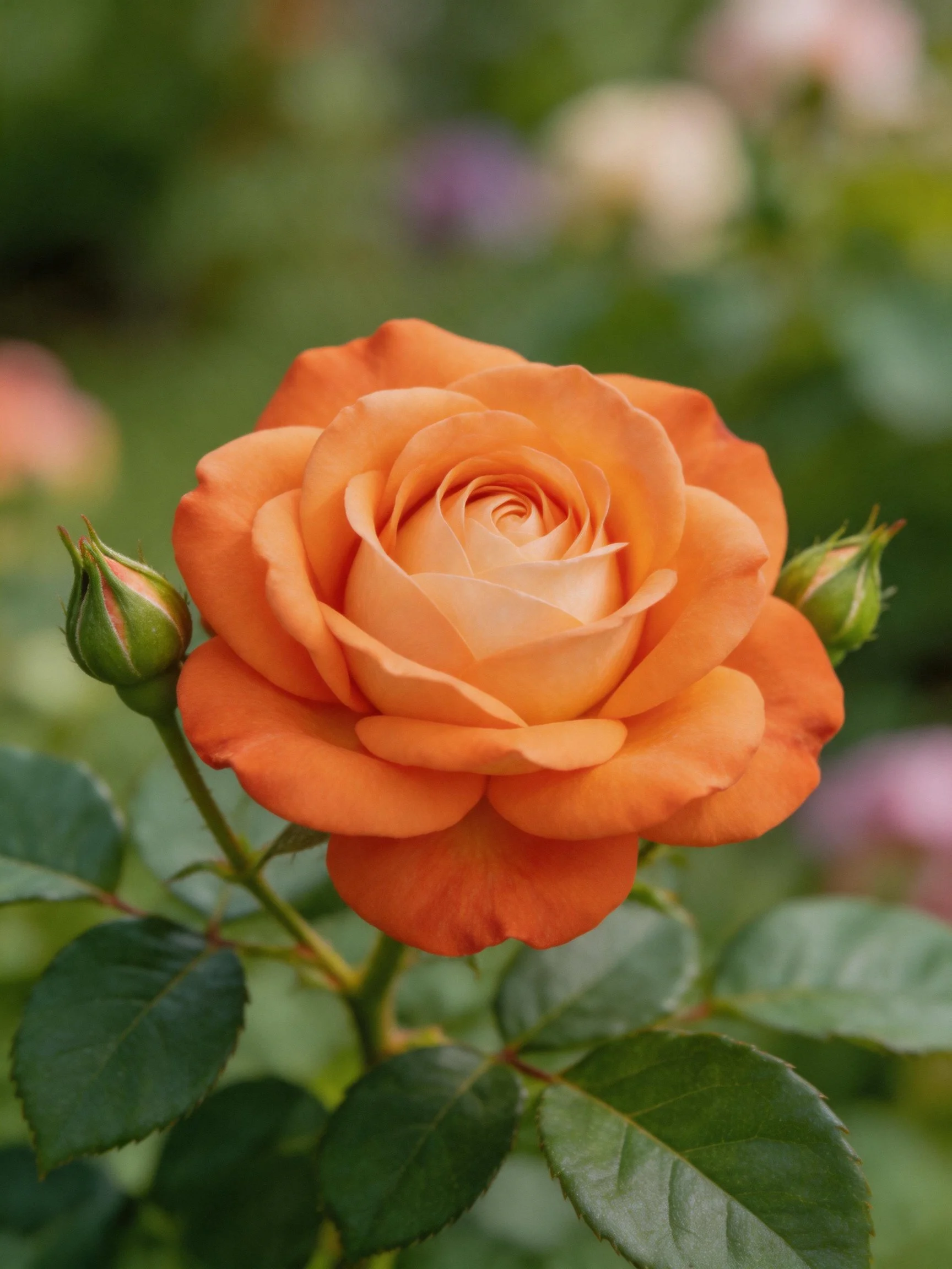 A vibrant orange rose in full bloom with two unopened buds