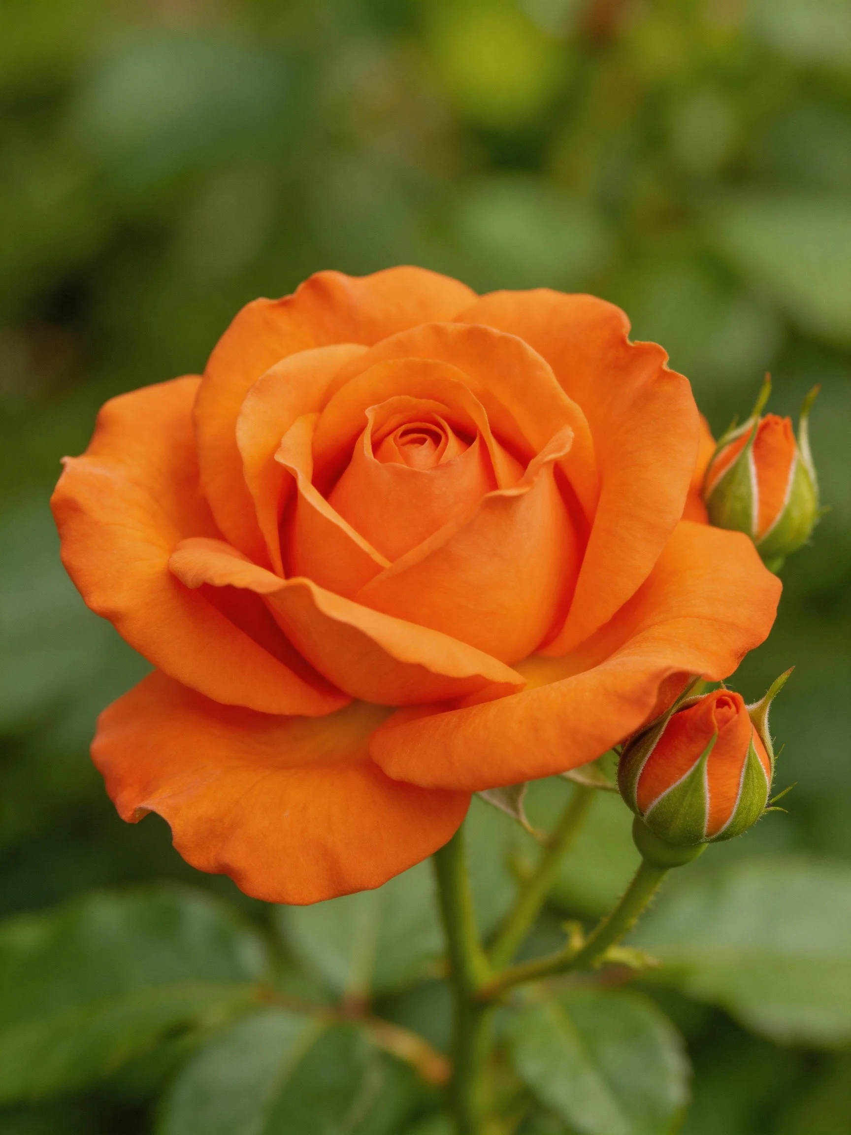 A vibrant orange rose in full bloom with two unopened buds