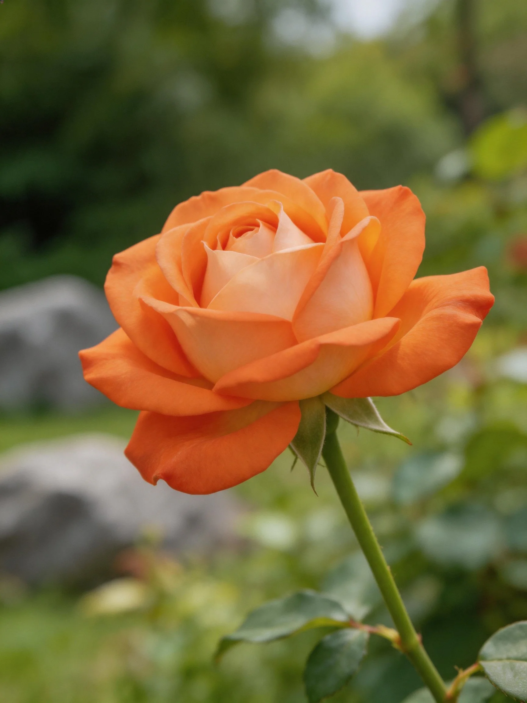 A vibrant orange rose stands out against a soft green blurred garden