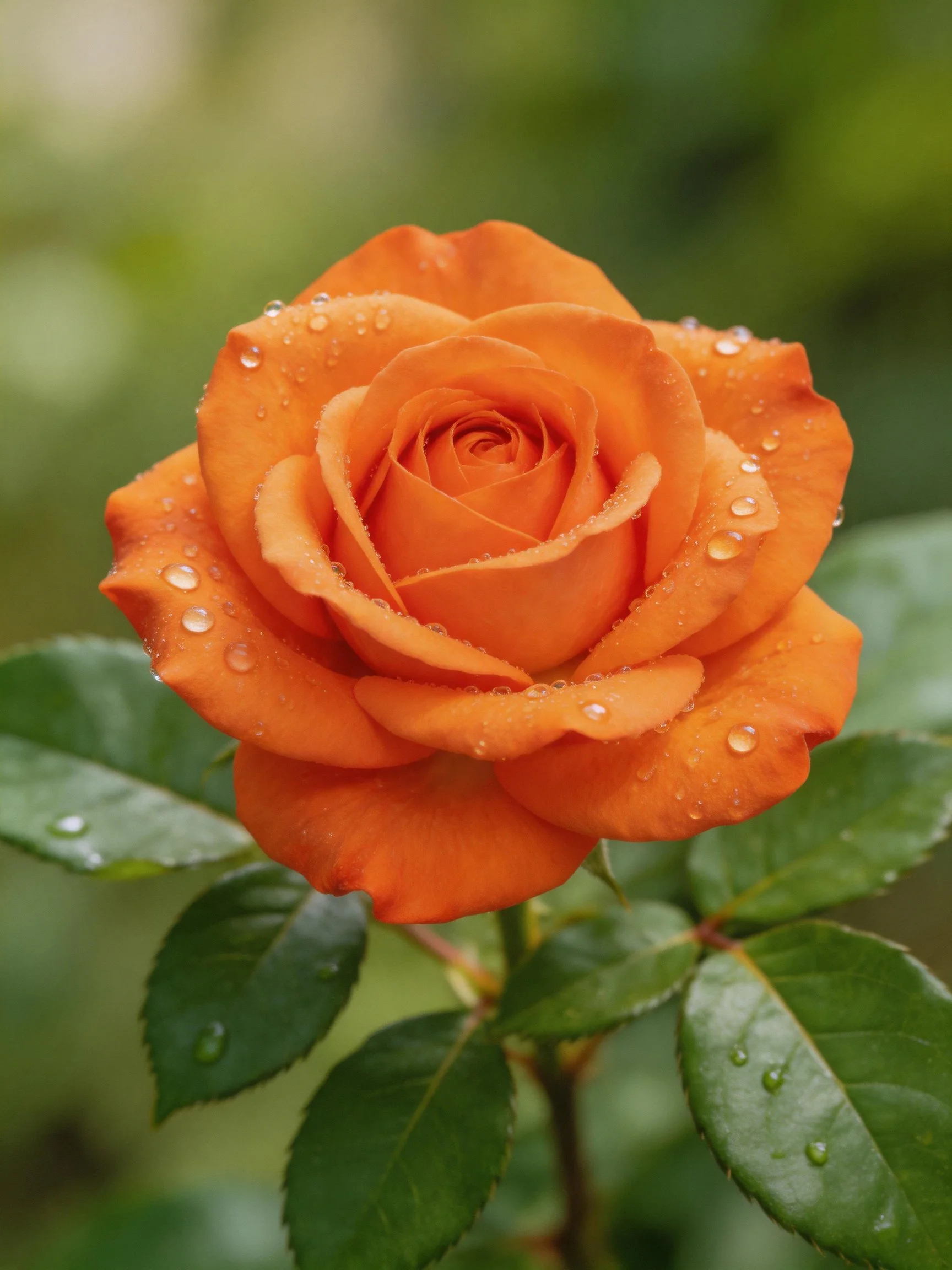 A vibrant orange rose with dewdrops on petals and green leaves