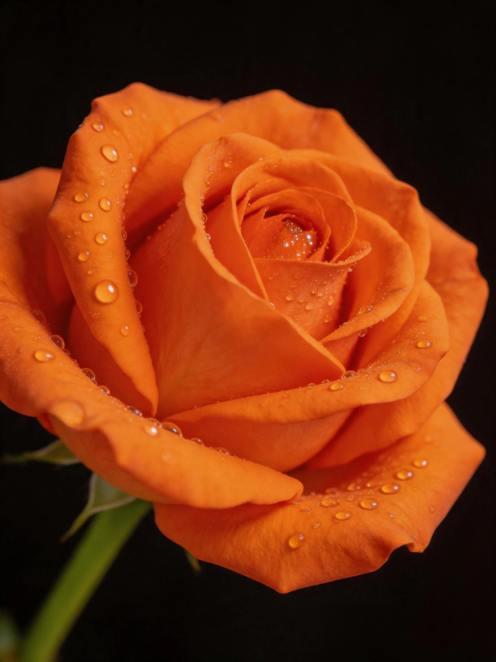 A vibrant orange rose with glistening water droplets