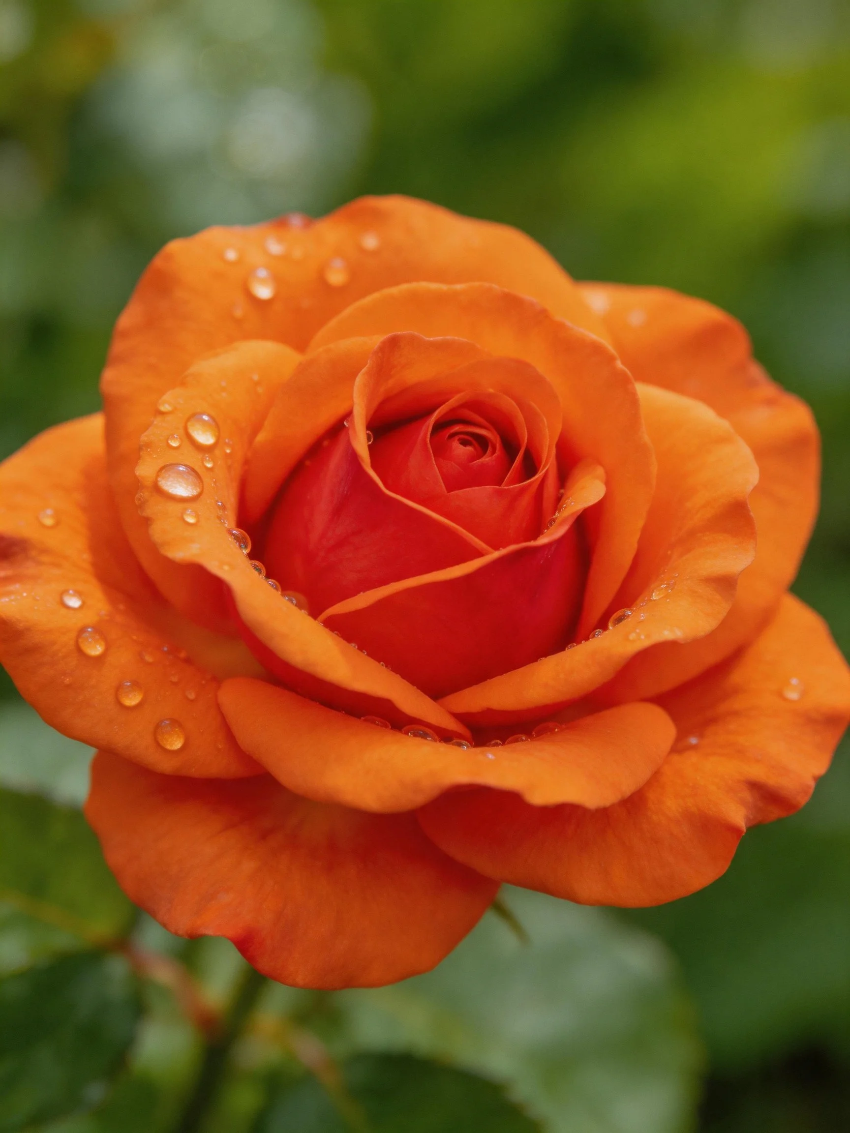 A vibrant orange rose with glistening water droplets