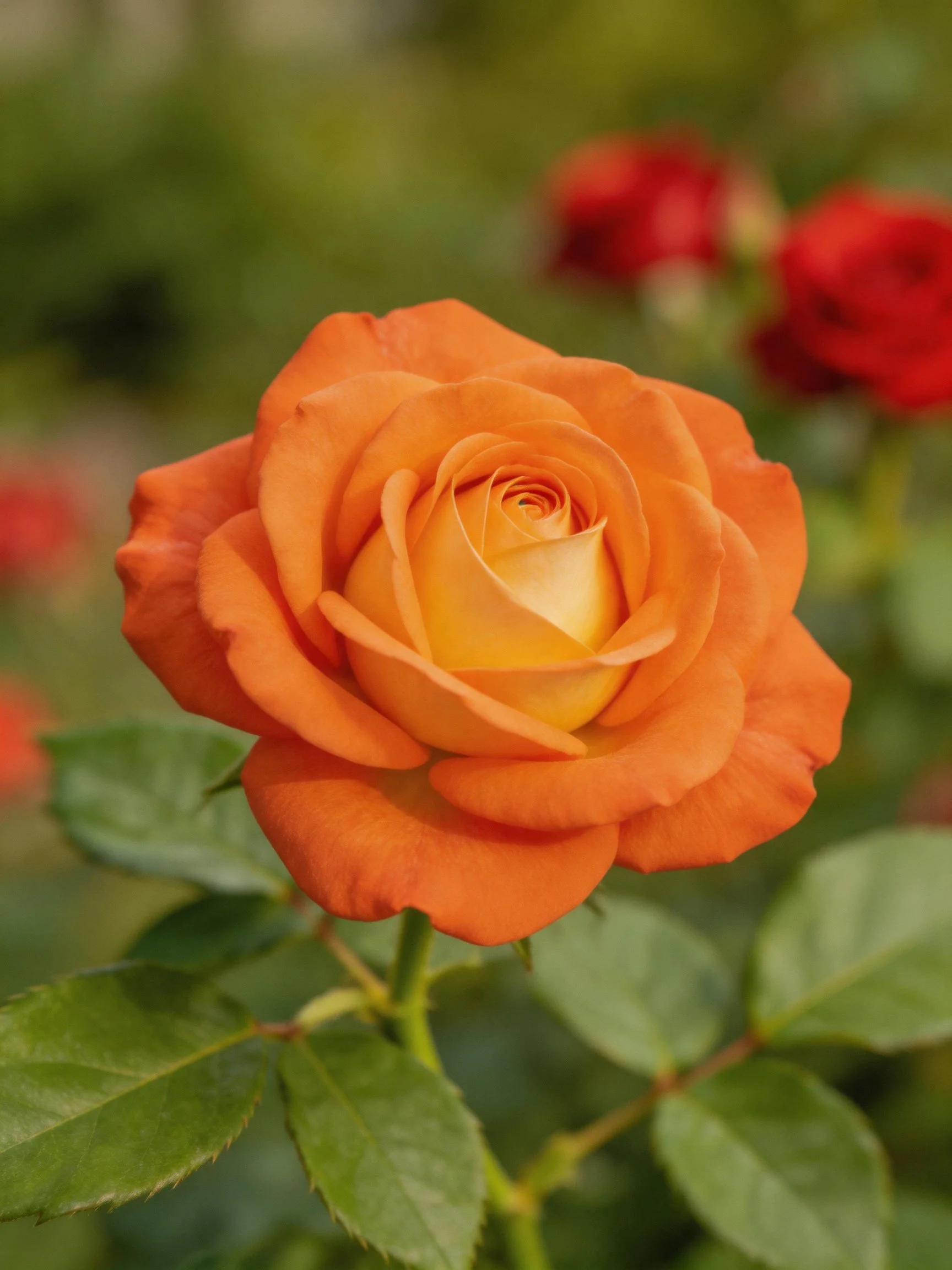A vibrant orange rose with green leaves and blurred red roses