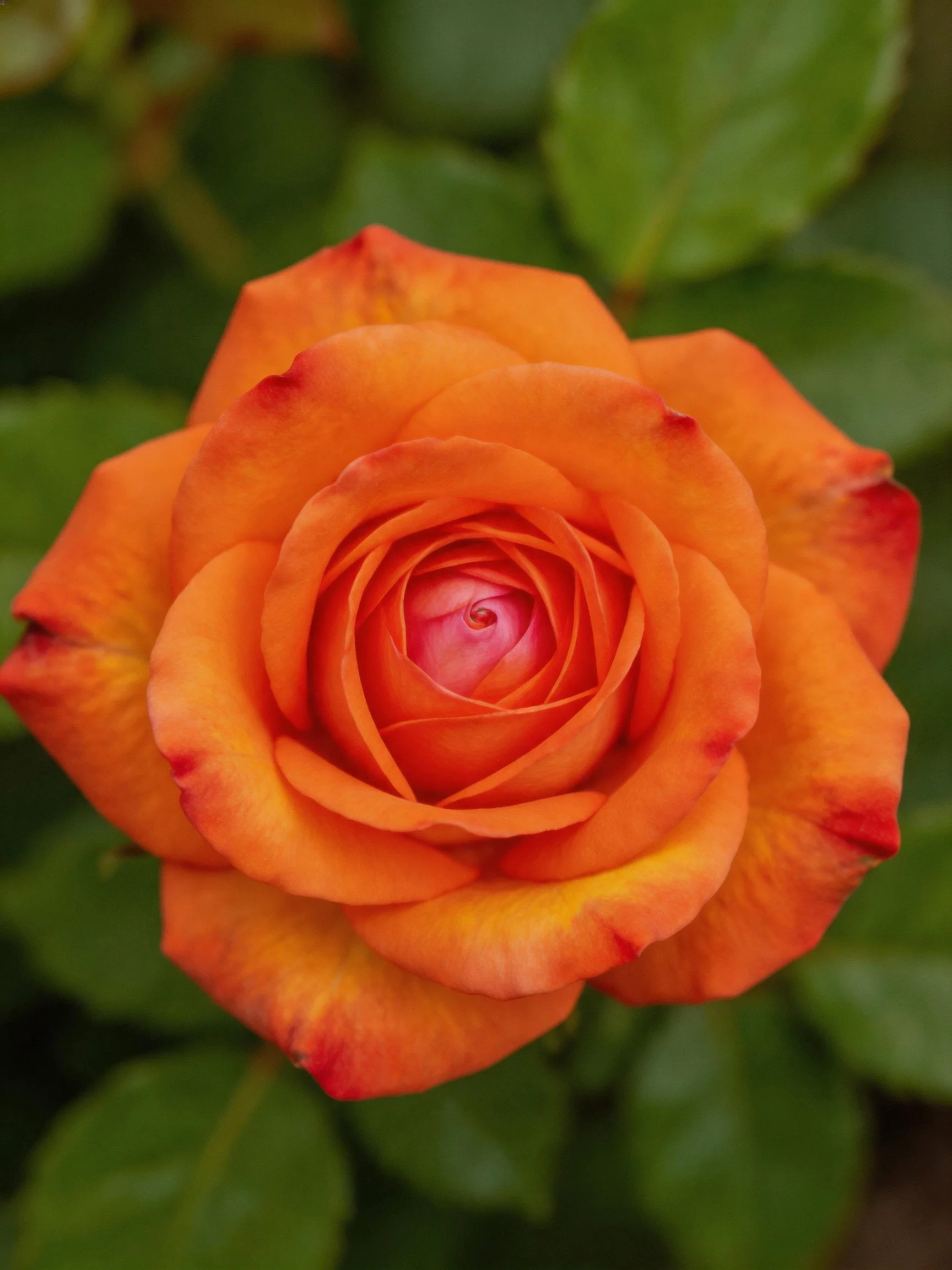 A vibrant orange rose with layered petals and green foliage