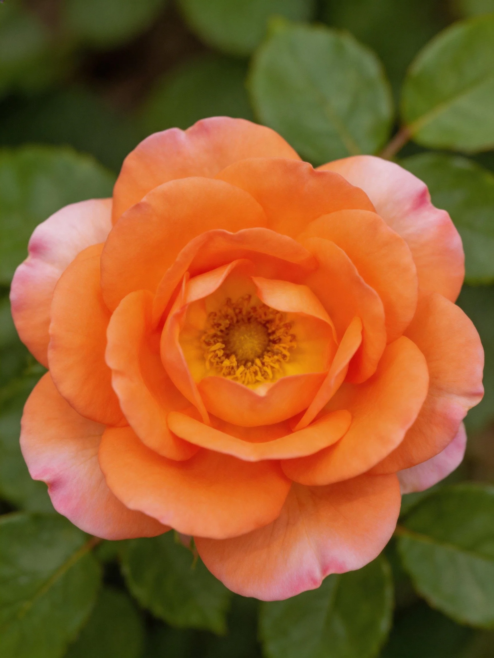 A vibrant orange rose with layered petals and lush green leaves