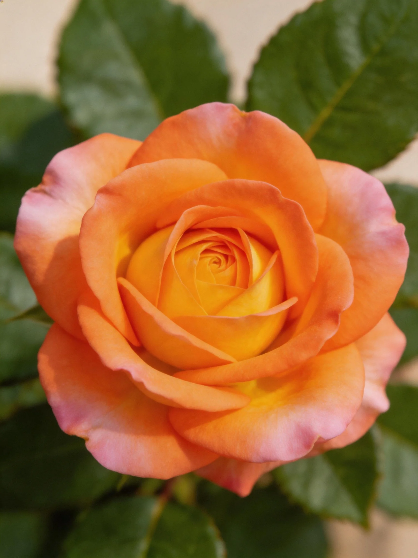 A vibrant orange rose with pink accents and lush green leaves