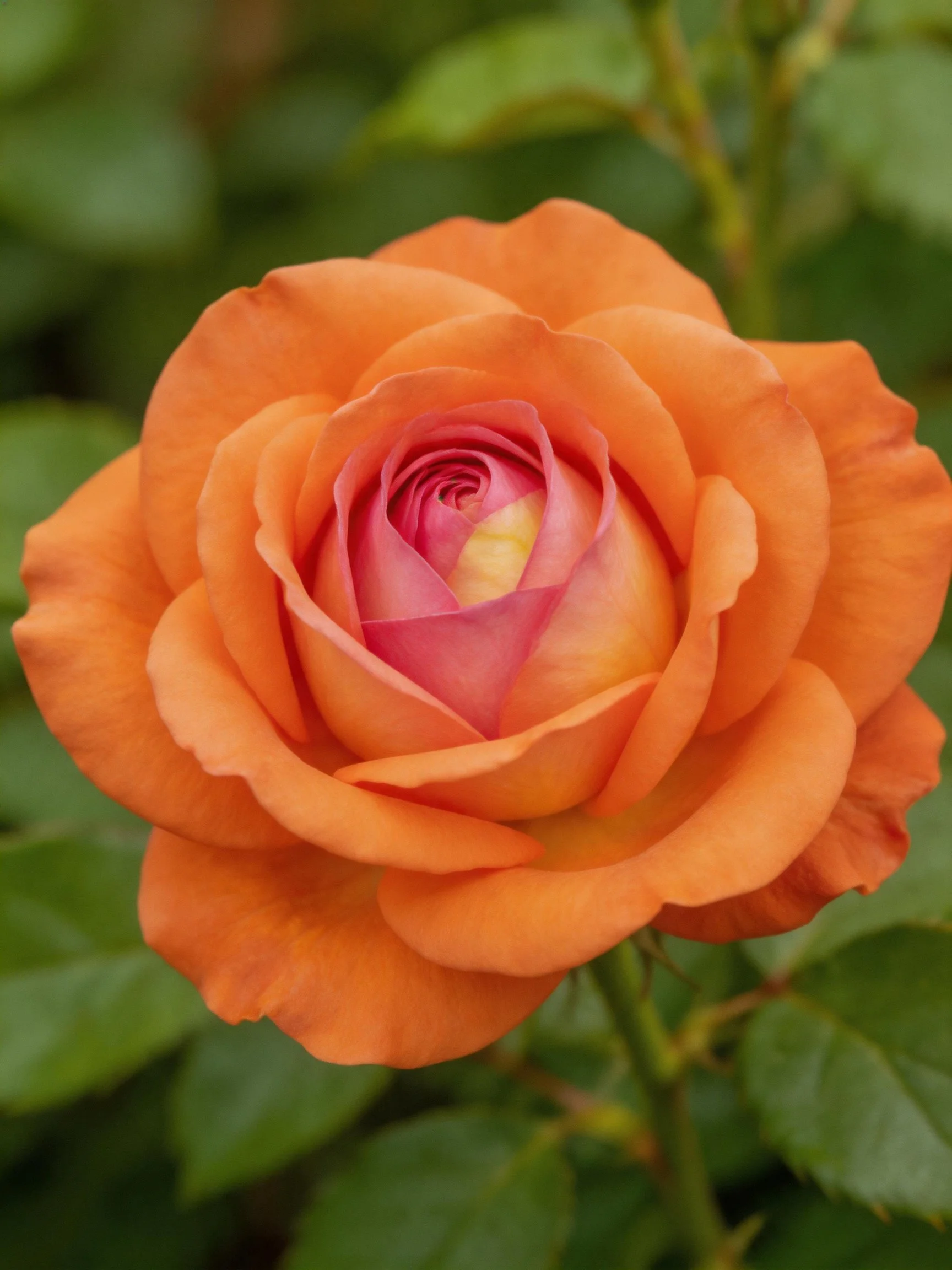 A vibrant orange rose with pink center blooming among green foliage
