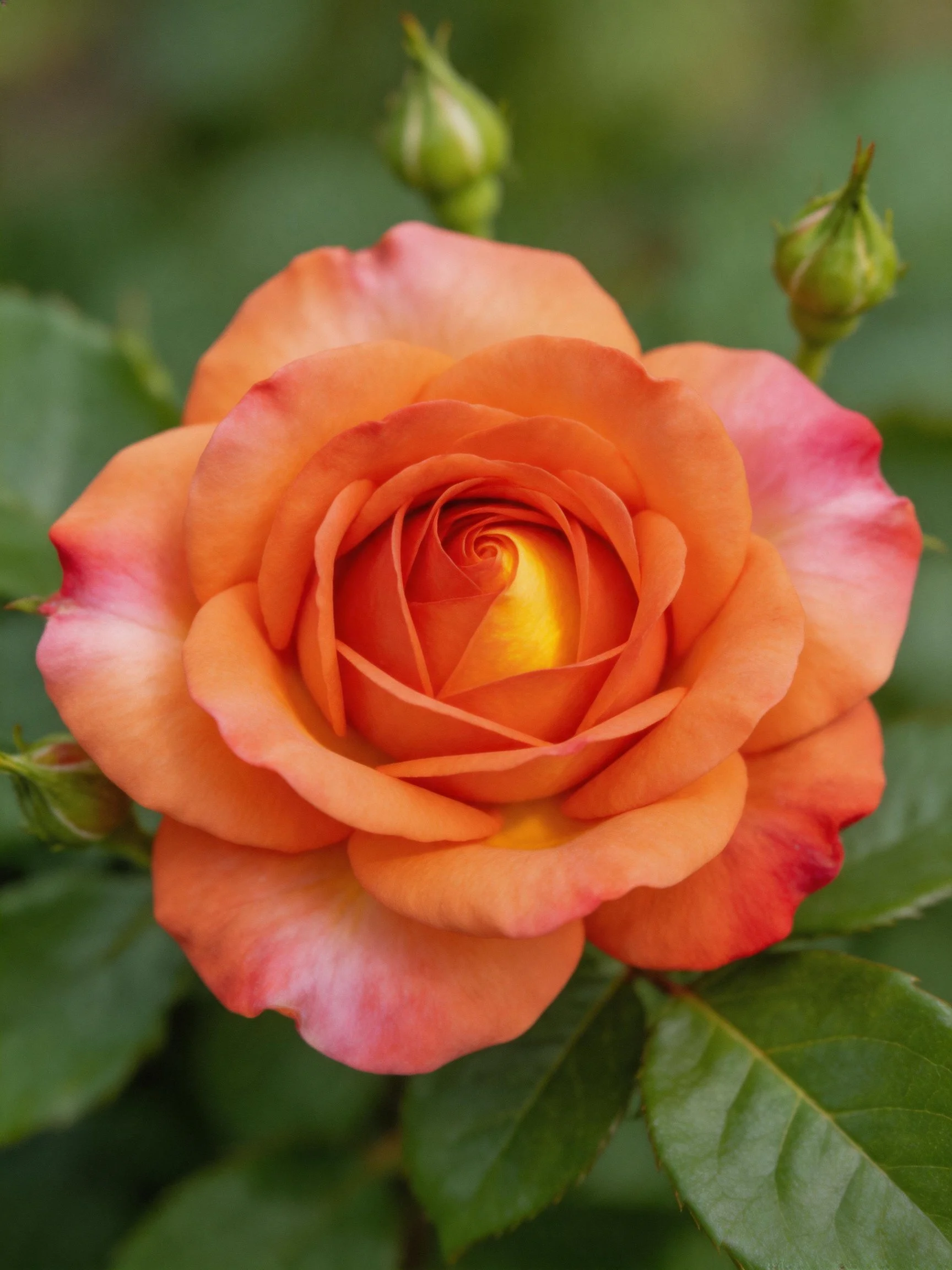 A vibrant orange rose with pink edges near green flower buds