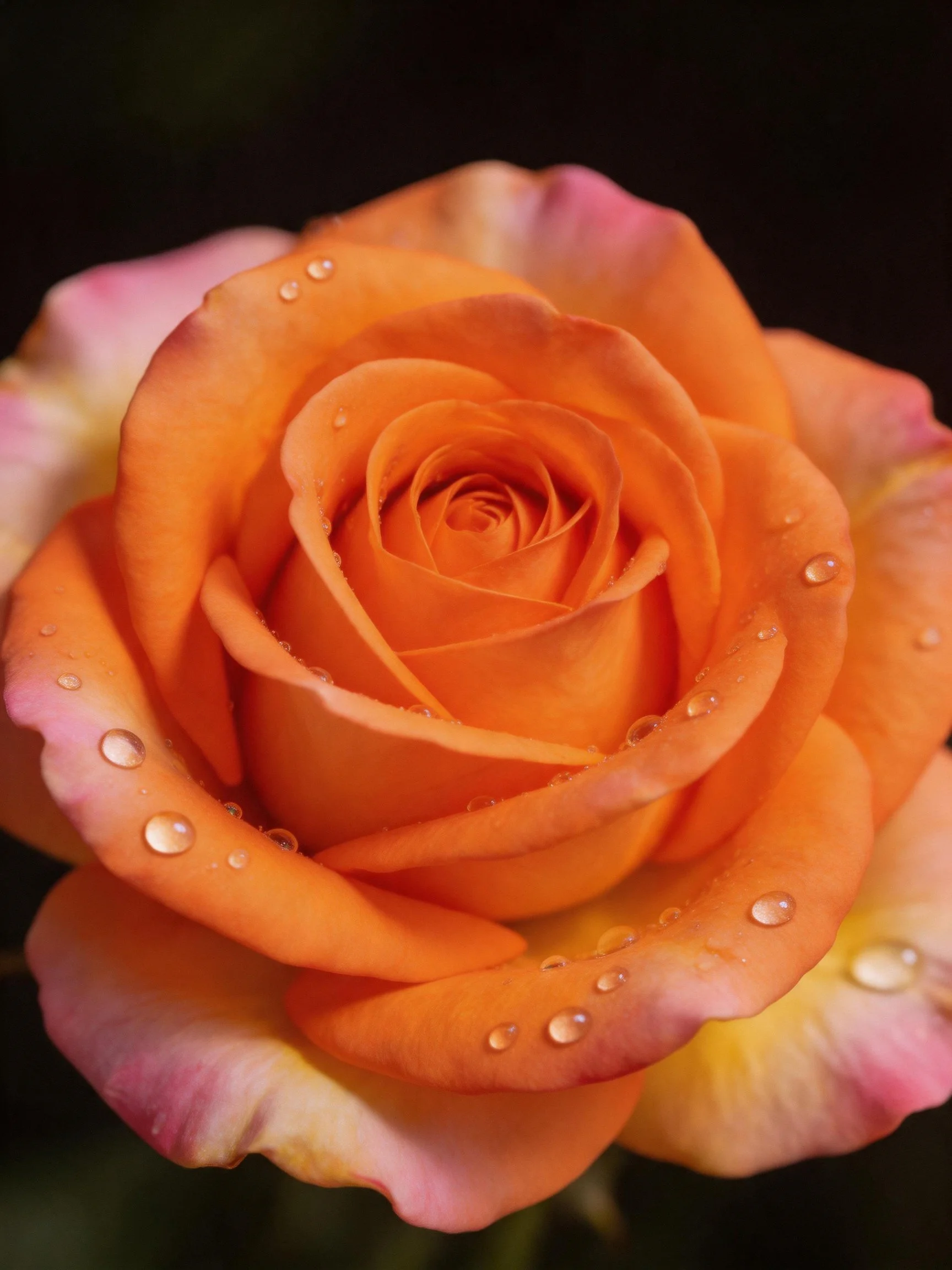 A vibrant orange rose with pink-yellow edges and water droplets