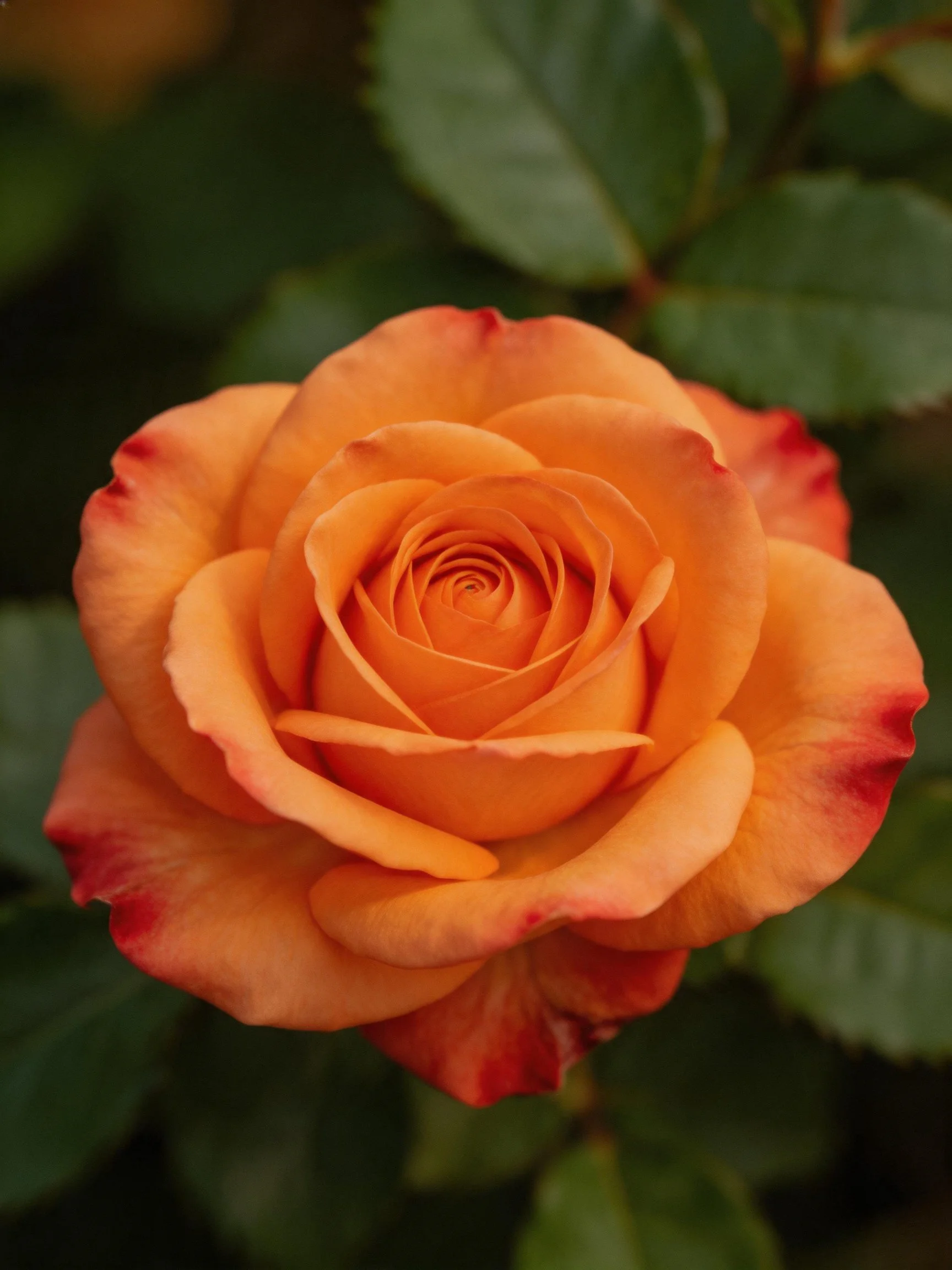 A vibrant orange rose with red-tipped petals