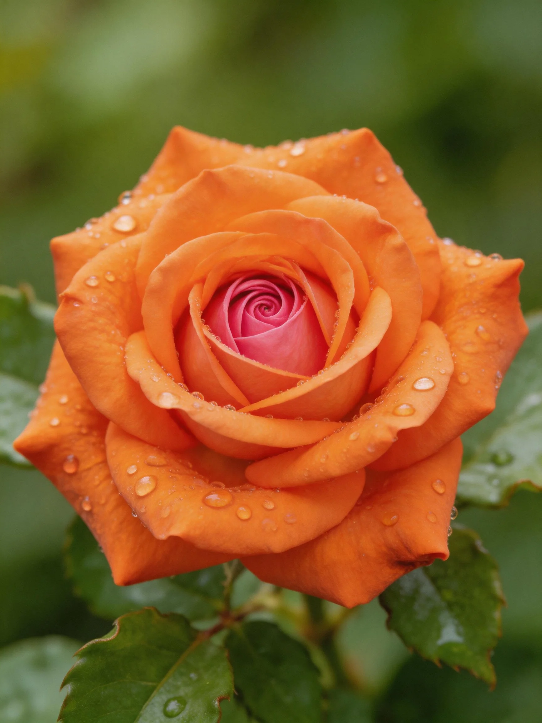 A vibrant orange rose with water droplets