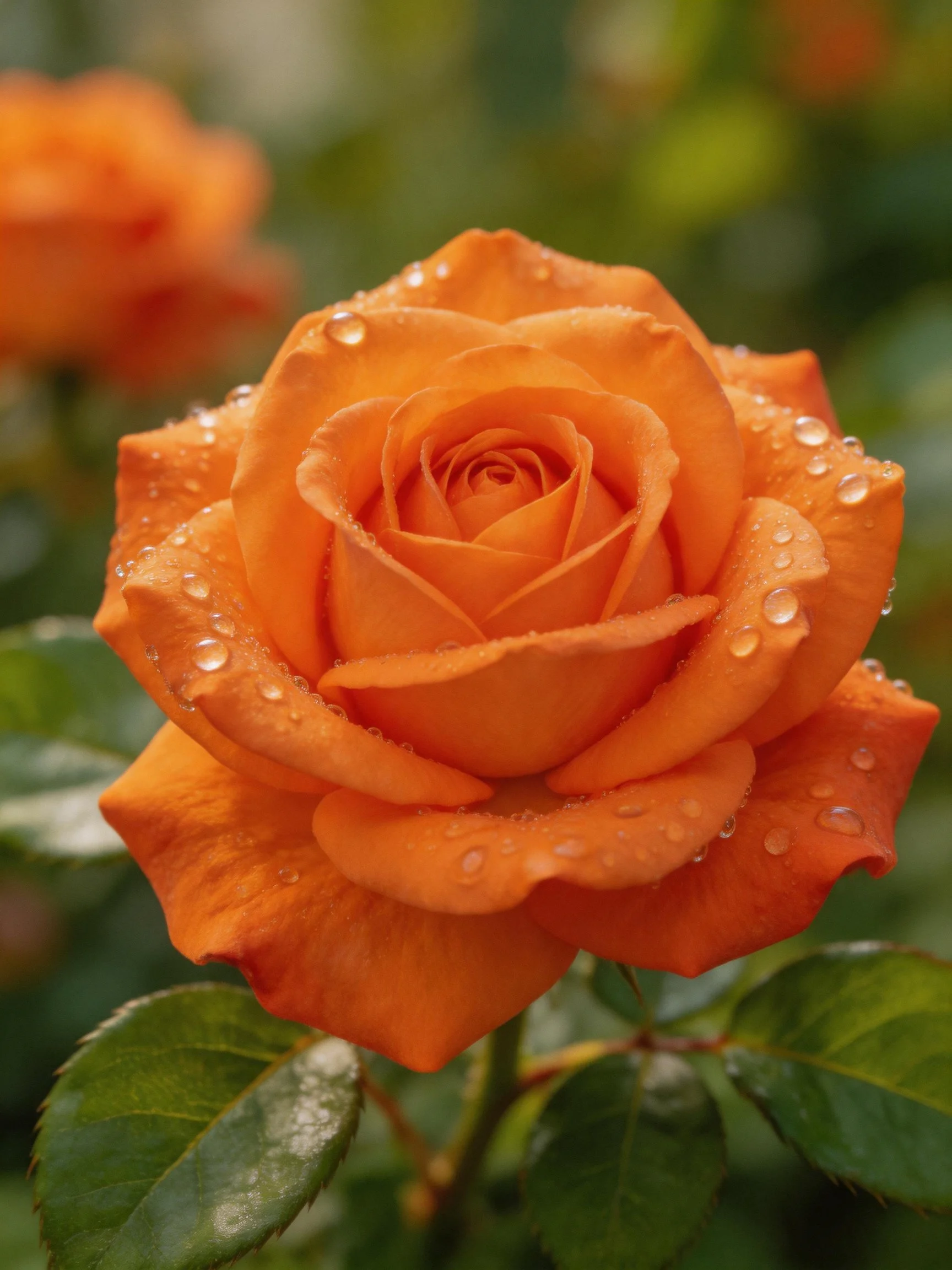 A vibrant orange rose with water droplets on petals
