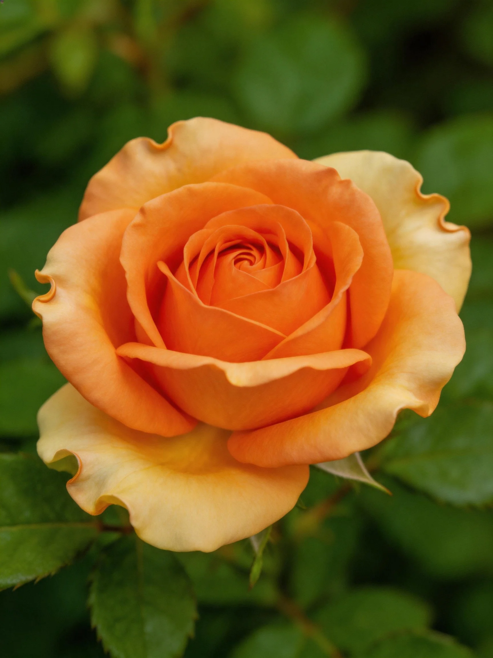 A vibrant orange rose with wavy petals and green foliage