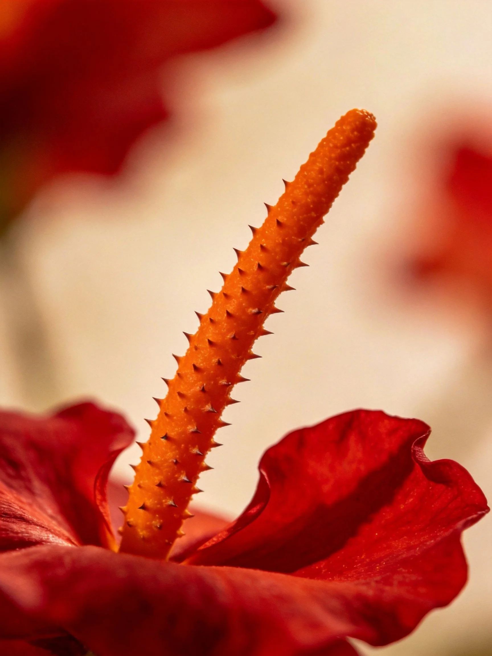 A vibrant orange spiky flower stem amid deep red petals