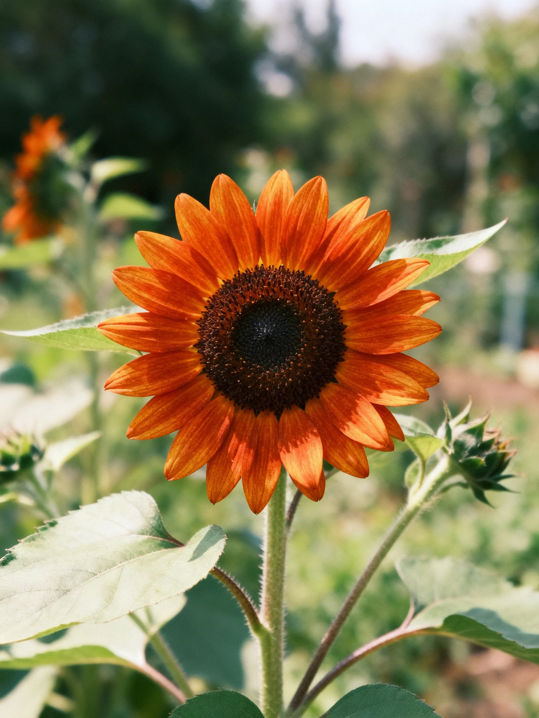 A vibrant orange sunflower with dark brown center amid green foliage