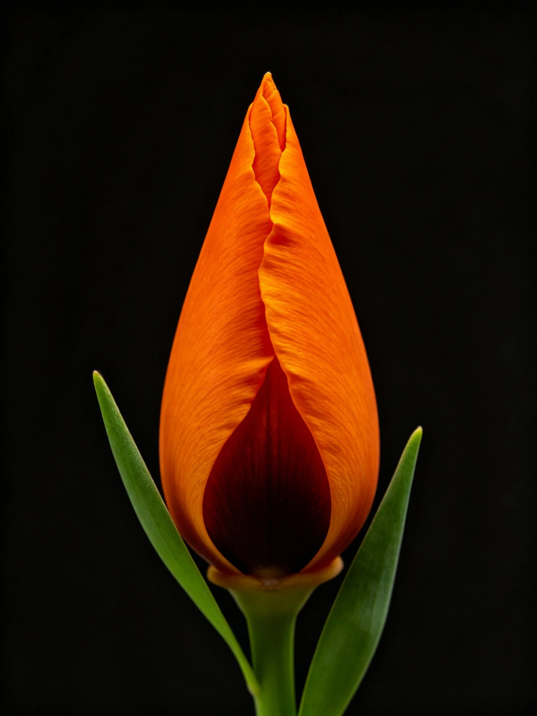 A vibrant orange tulip bud with green leaves on black