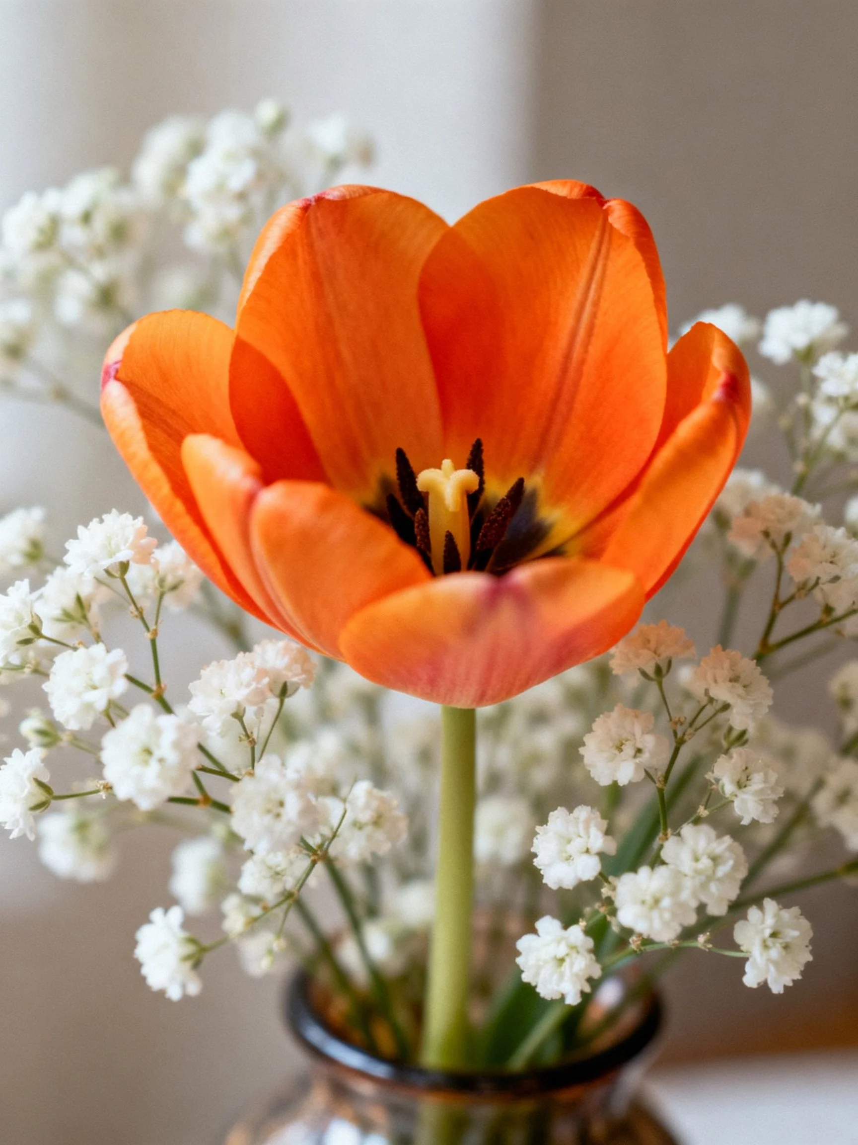 A vibrant orange tulip surrounded by delicate white baby’s breath flowers in a glass vase