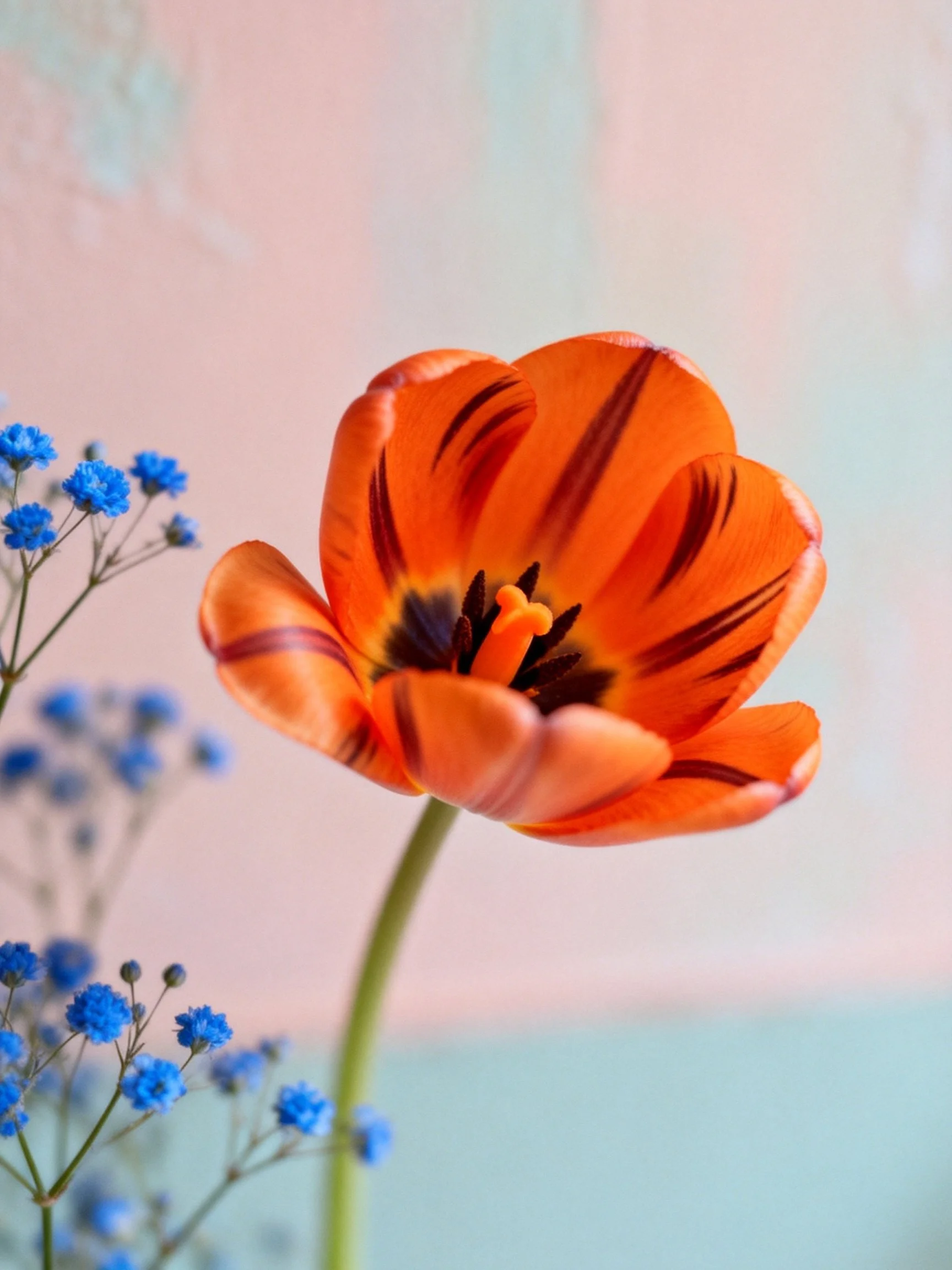 A vibrant orange tulip with dark stripes beside small blue blooms