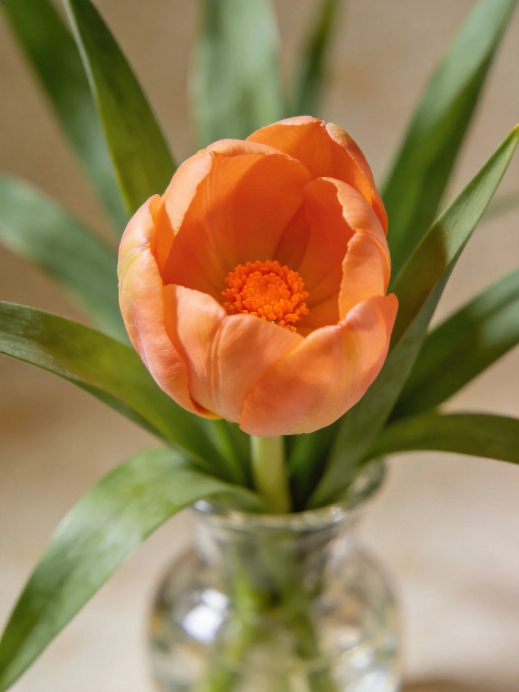 A vibrant orange tulip with green leaves in a glass vase