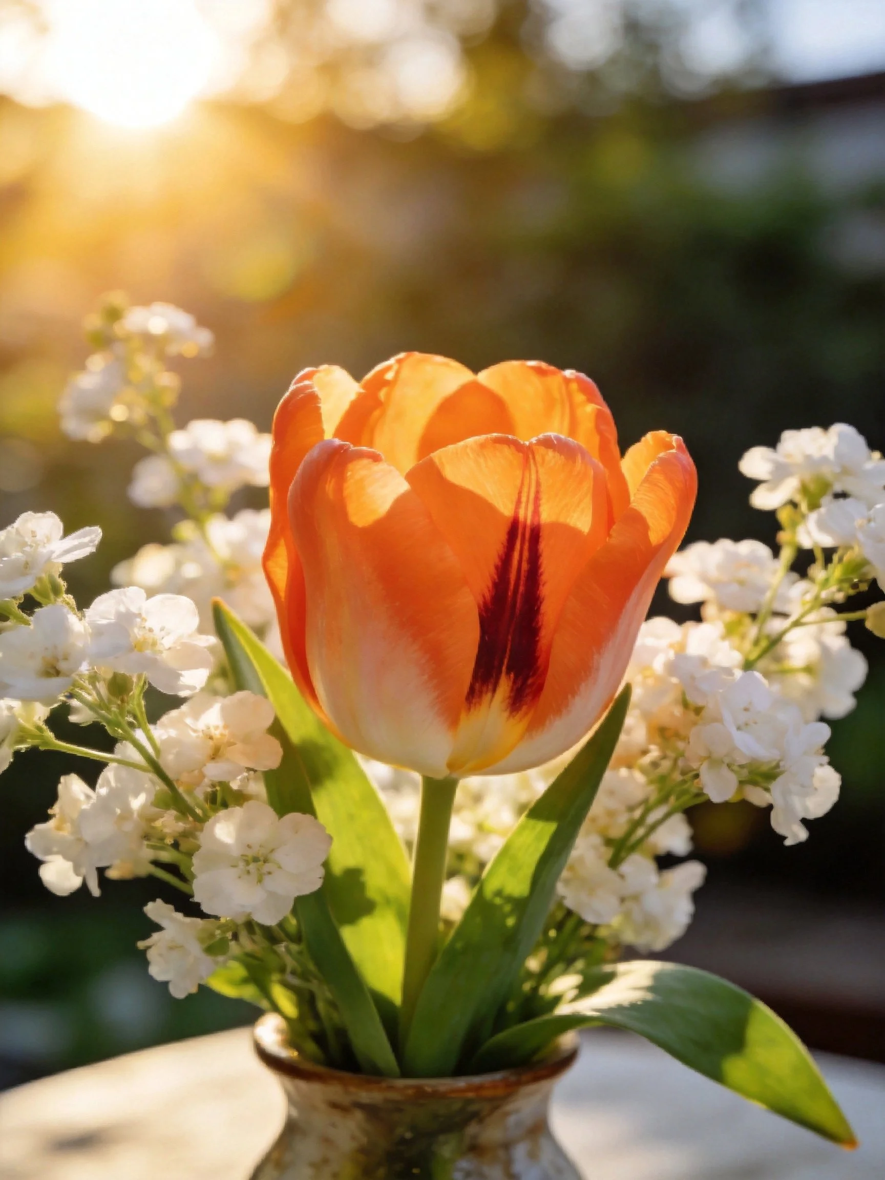 A vibrant orange tulip with white blooms in a sunlit vase arrangement