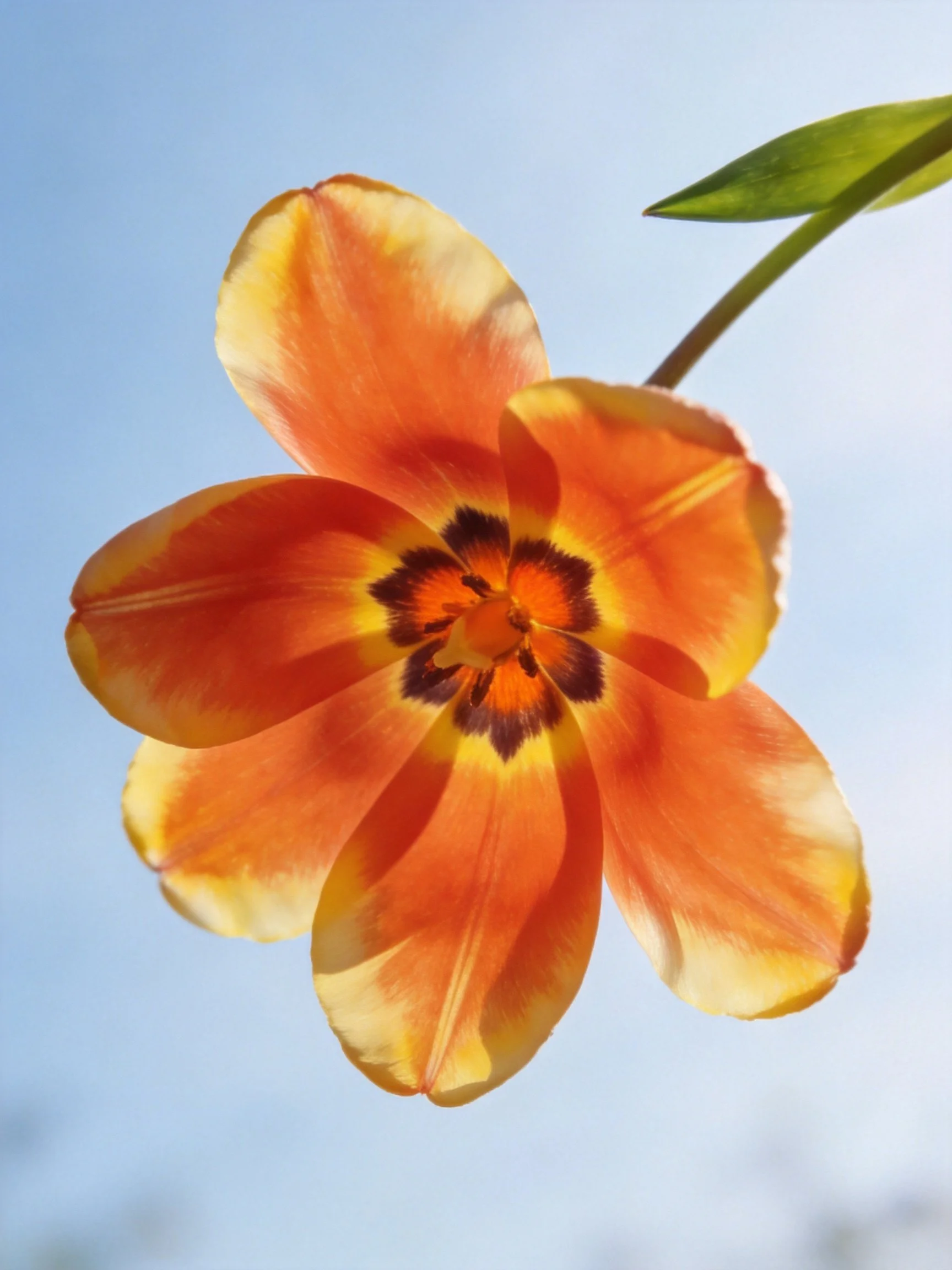 A vibrant orange tulip with yellow accents and dark center