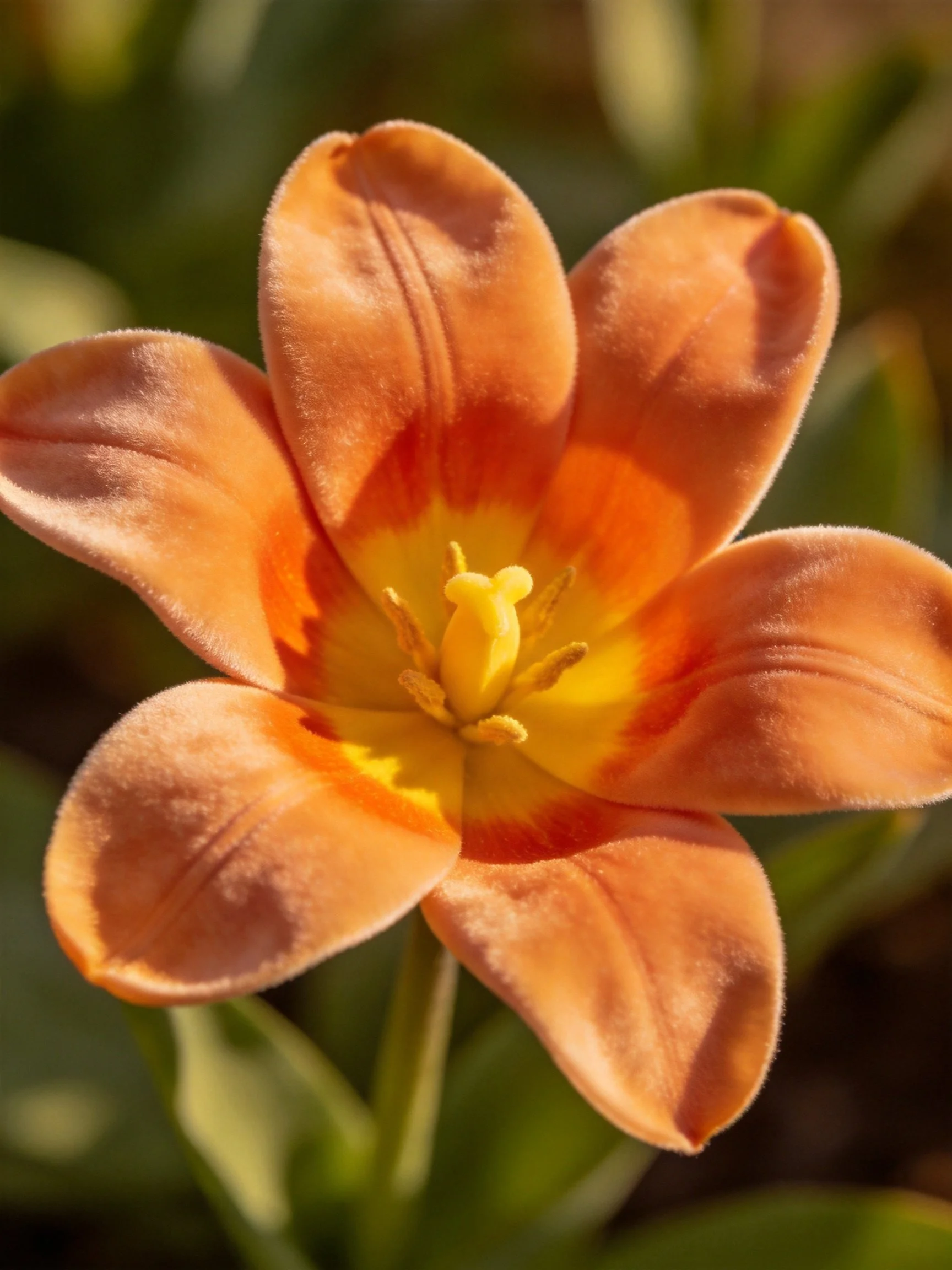 A vibrant orange tulip with yellow center and soft petals