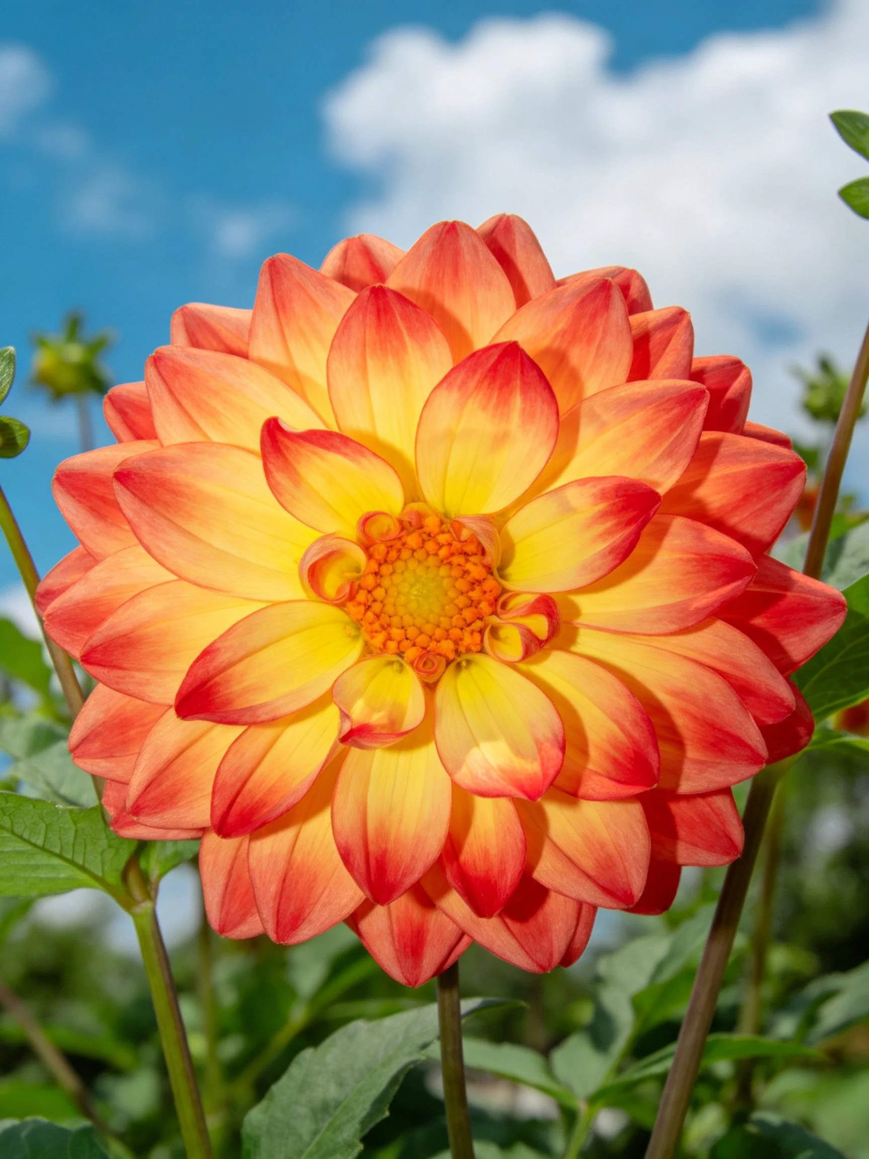 A vibrant orange-yellow dahlia blooms against a blue sky