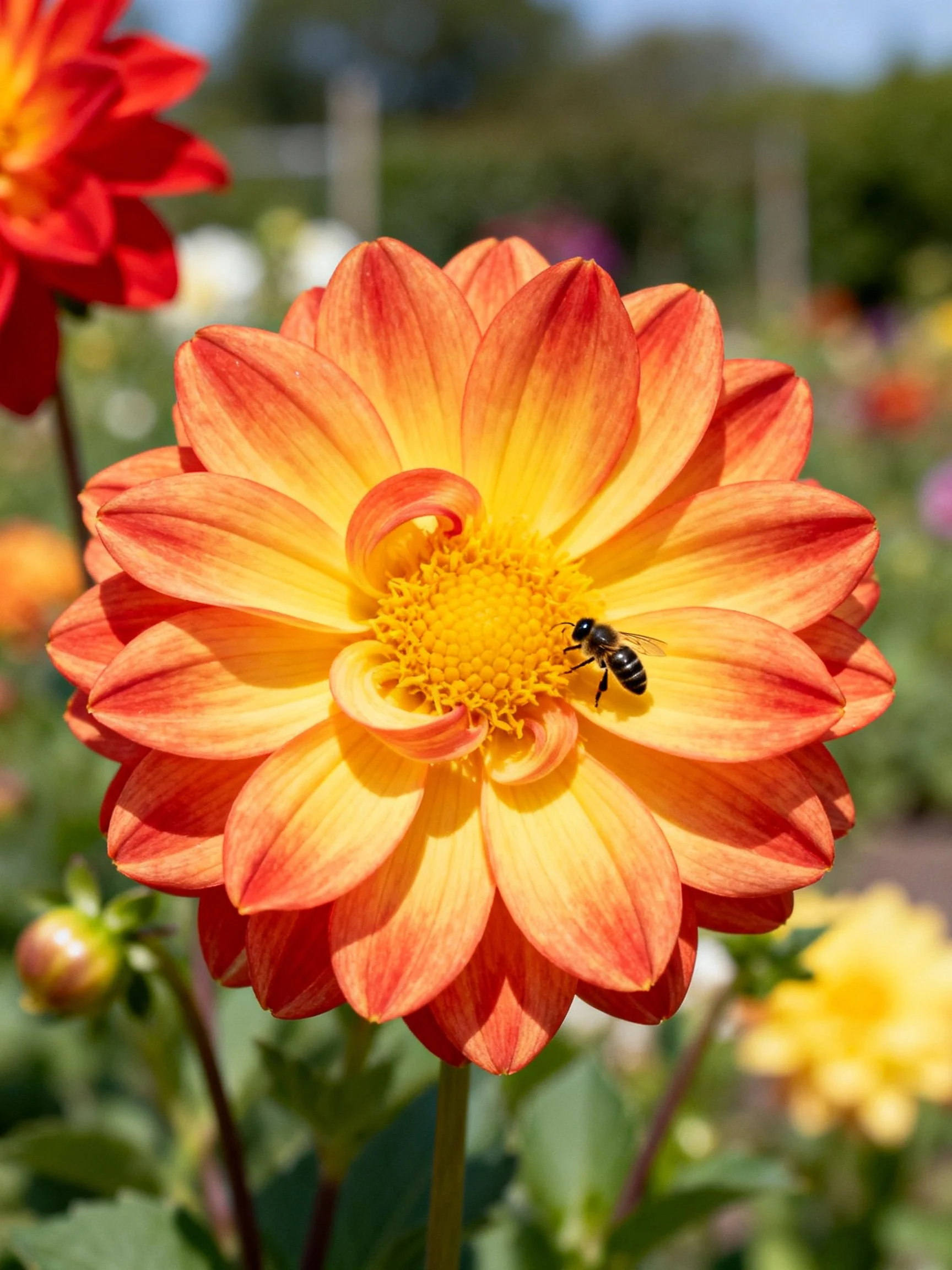 A vibrant orange-yellow dahlia with a bee on its center