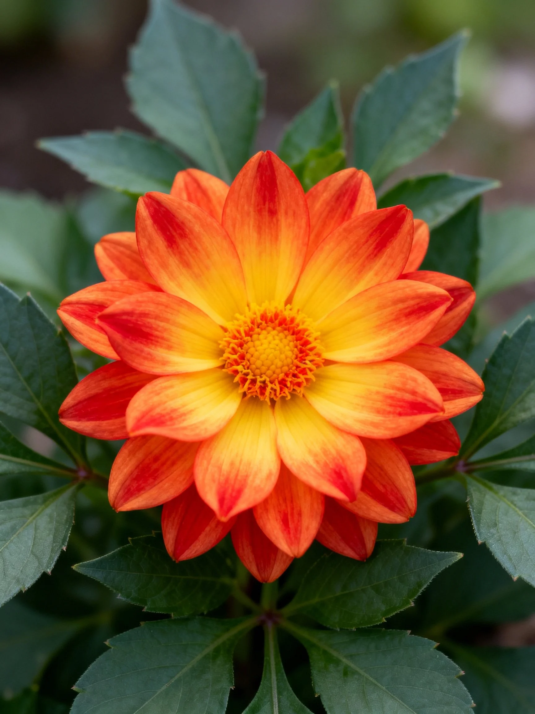 A vibrant orange-yellow dahlia with lush green foliage