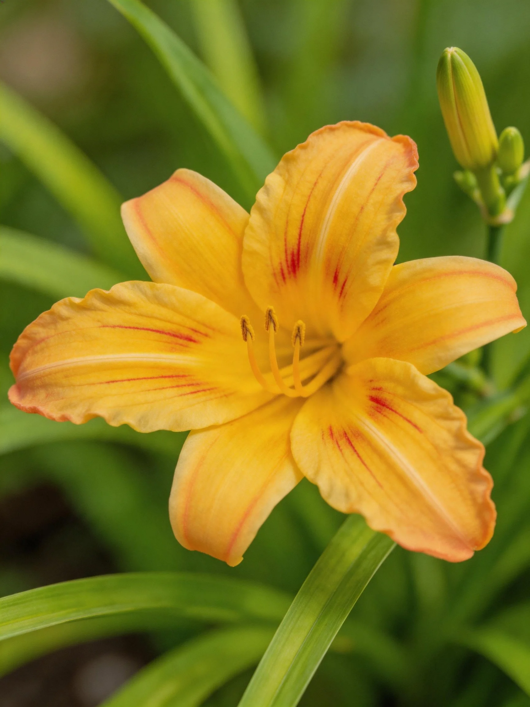 A vibrant orange-yellow daylily with red streaks amid green foliage