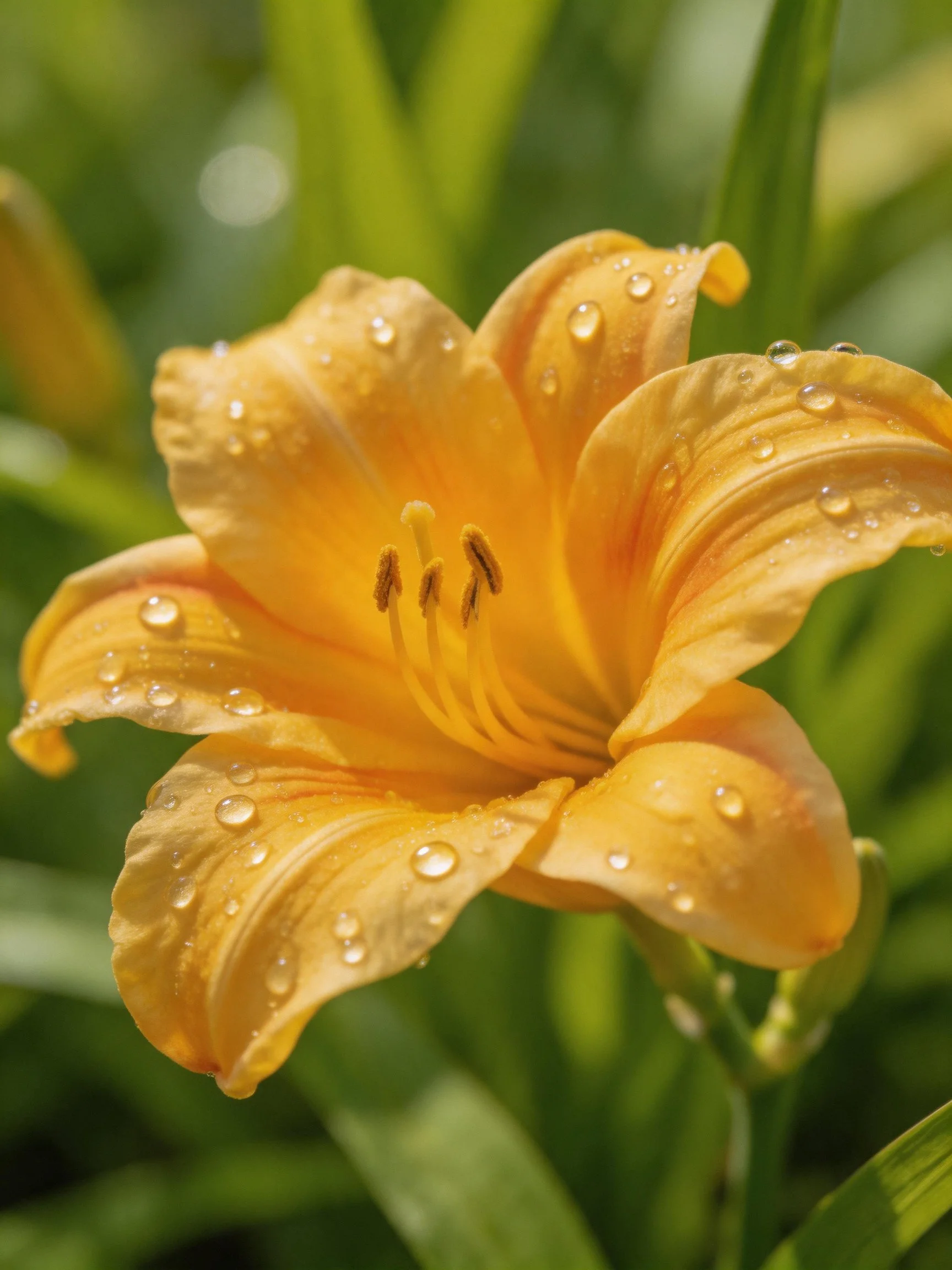 A vibrant orange-yellow daylily with water droplets