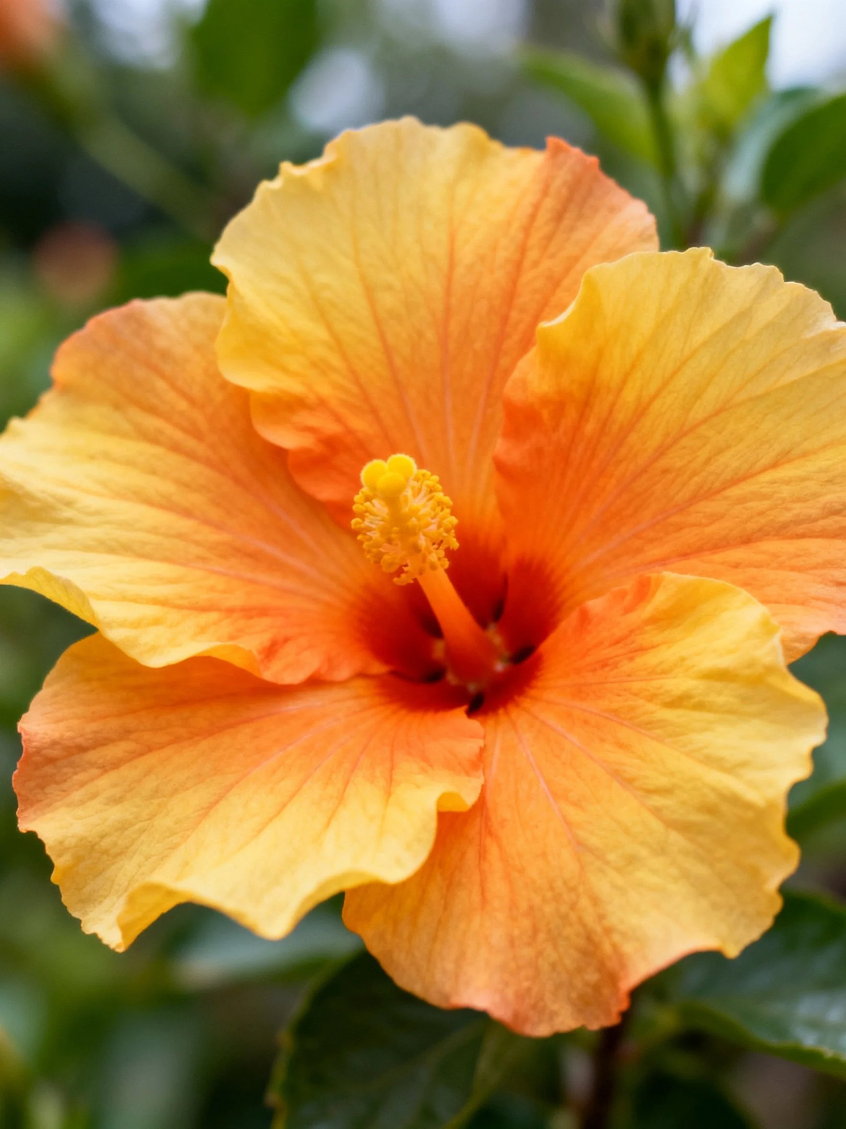 A vibrant orange-yellow hibiscus flower with ruffled petals