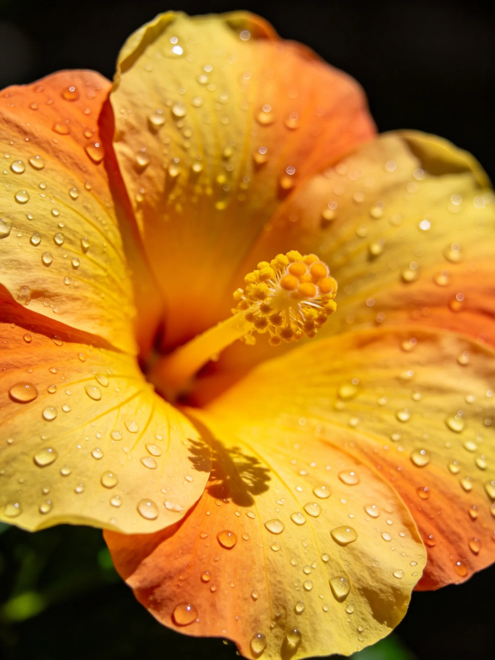 A vibrant orange-yellow hibiscus flower with water droplets