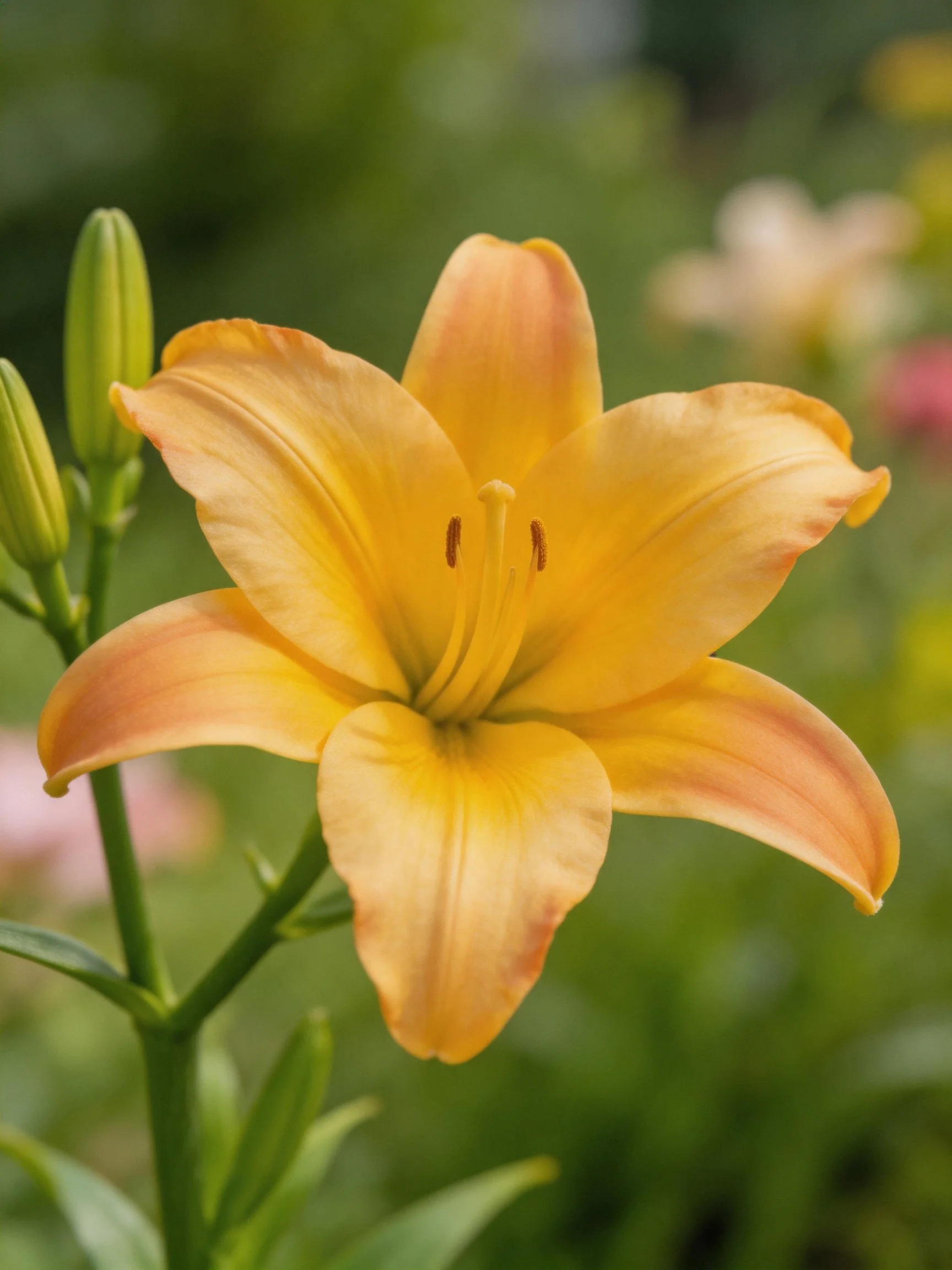 A vibrant orange-yellow lily in full bloom with adjacent unopened buds