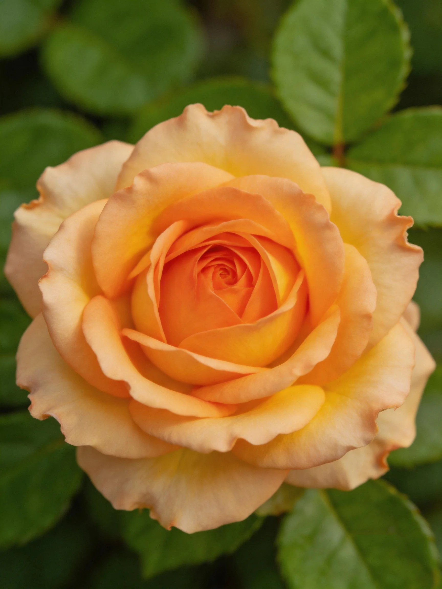 A vibrant orange-yellow rose surrounded by lush green leaves