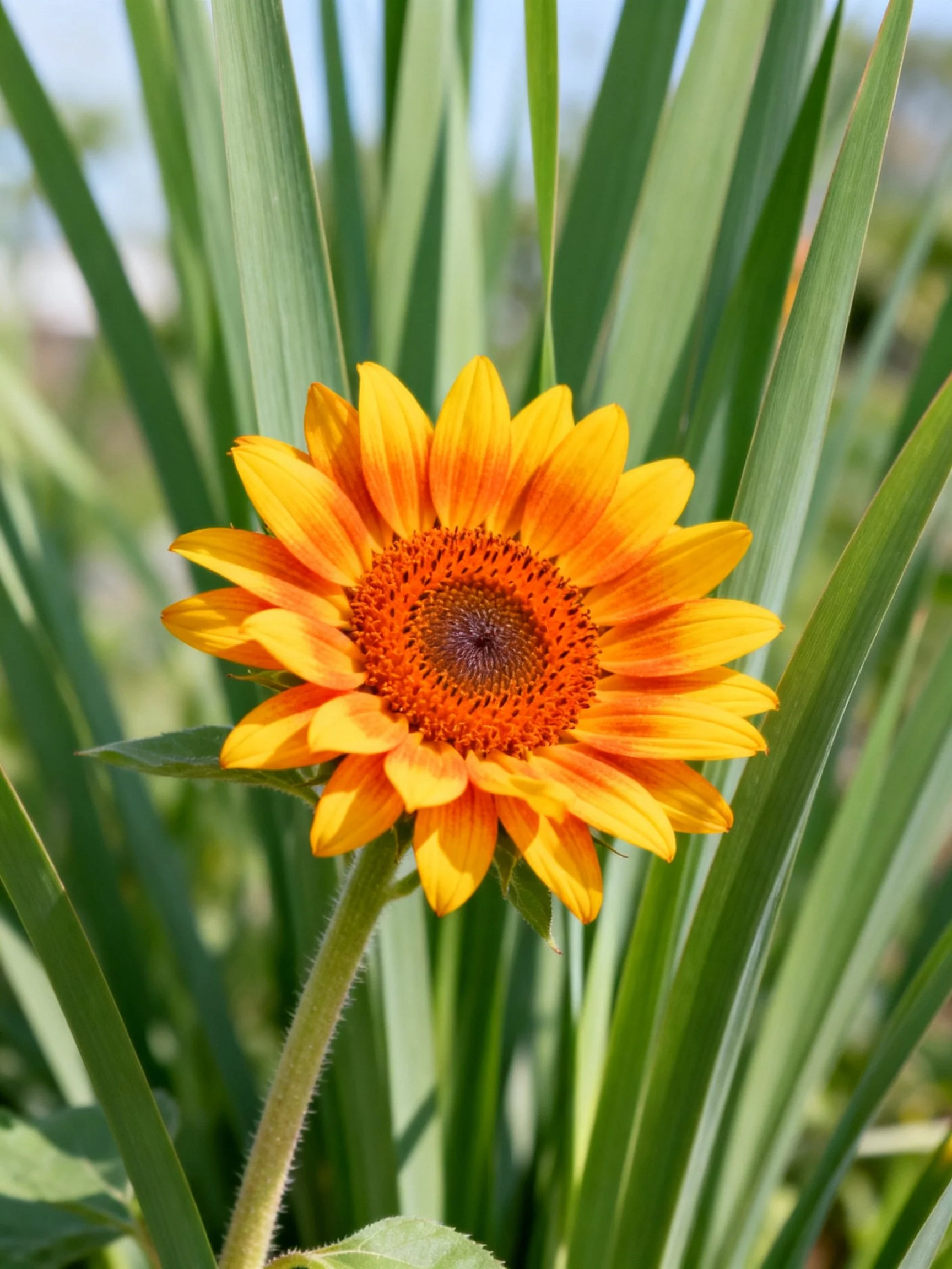 A vibrant orange-yellow sunflower amid tall green foliage